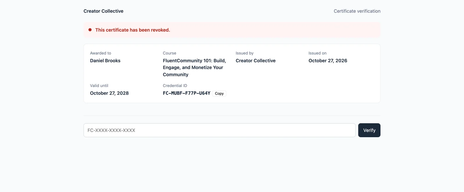 The verification page for a revoked certificate, showing a red banner and no download buttons