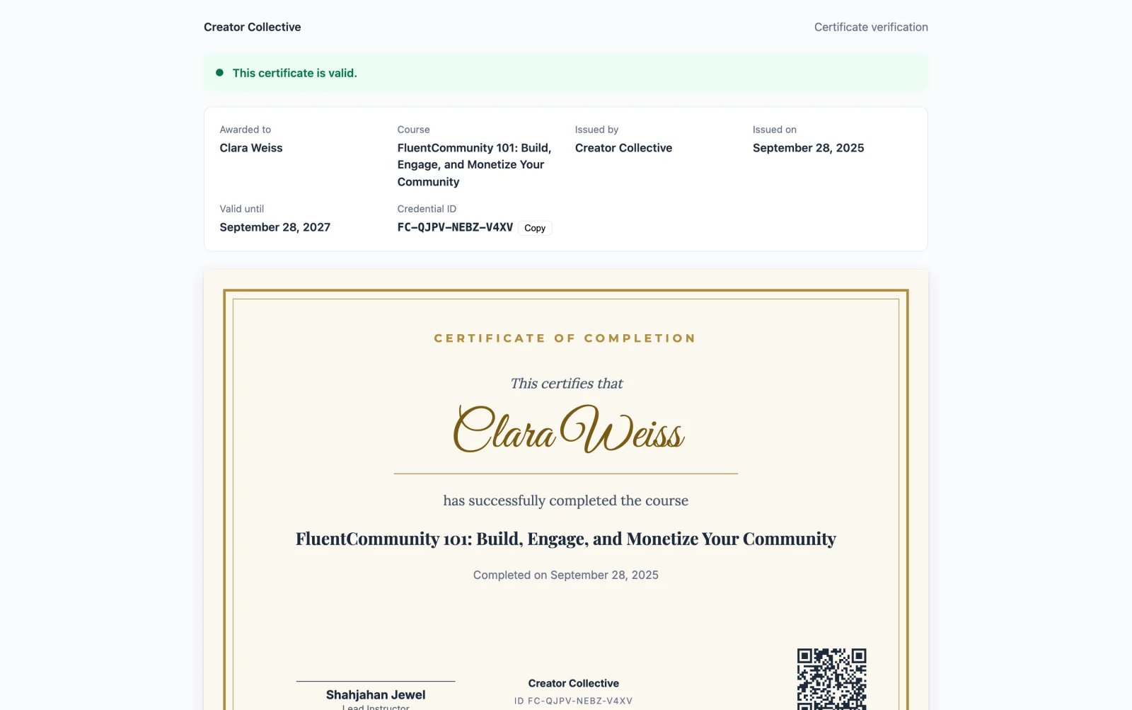 The public verification page for a valid certificate, showing a green valid banner, the certificate details, and the certificate itself