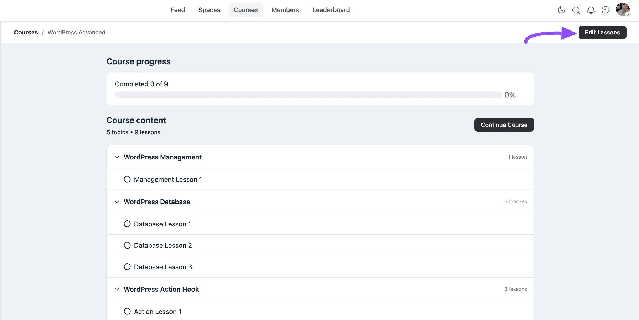The Edit Lessons button in the course header