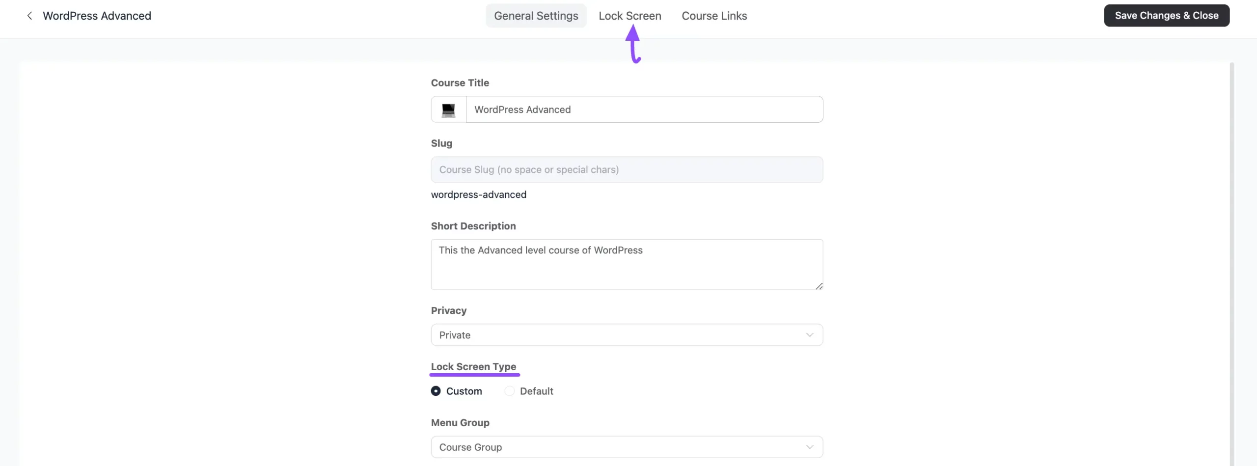 Choosing a Custom lock screen type for a private course
