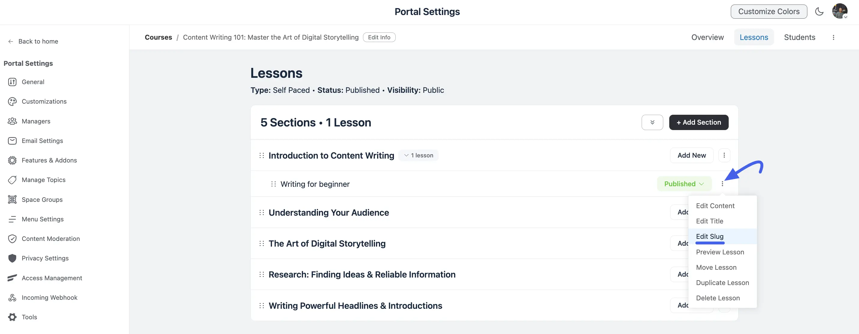 The lesson three-dot menu showing Edit Content, Edit Title, Edit Slug, and more