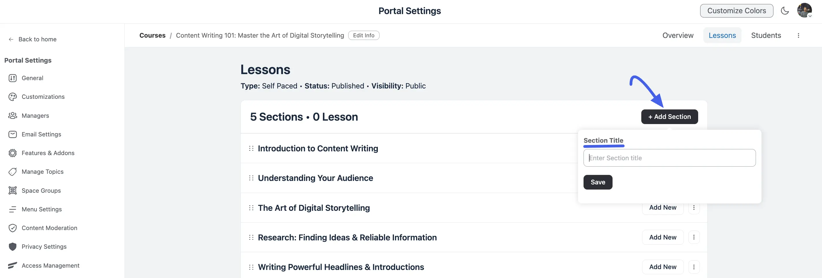 The Add Section popup with the Section Title field
