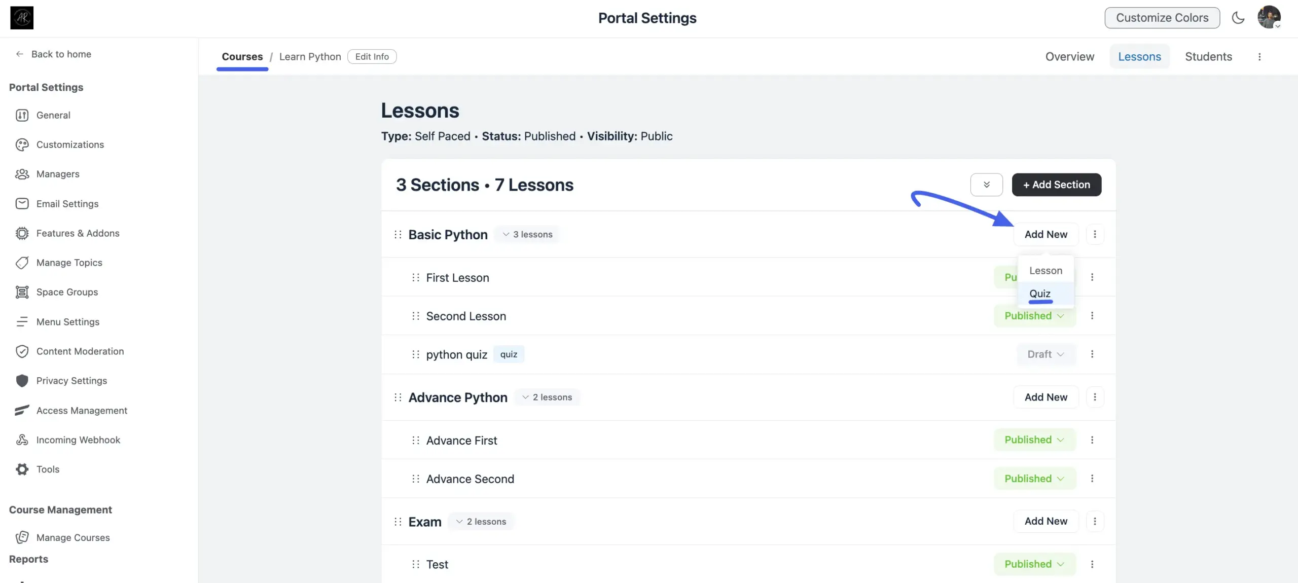 Selecting Quiz from the Add New dropdown in the course editor