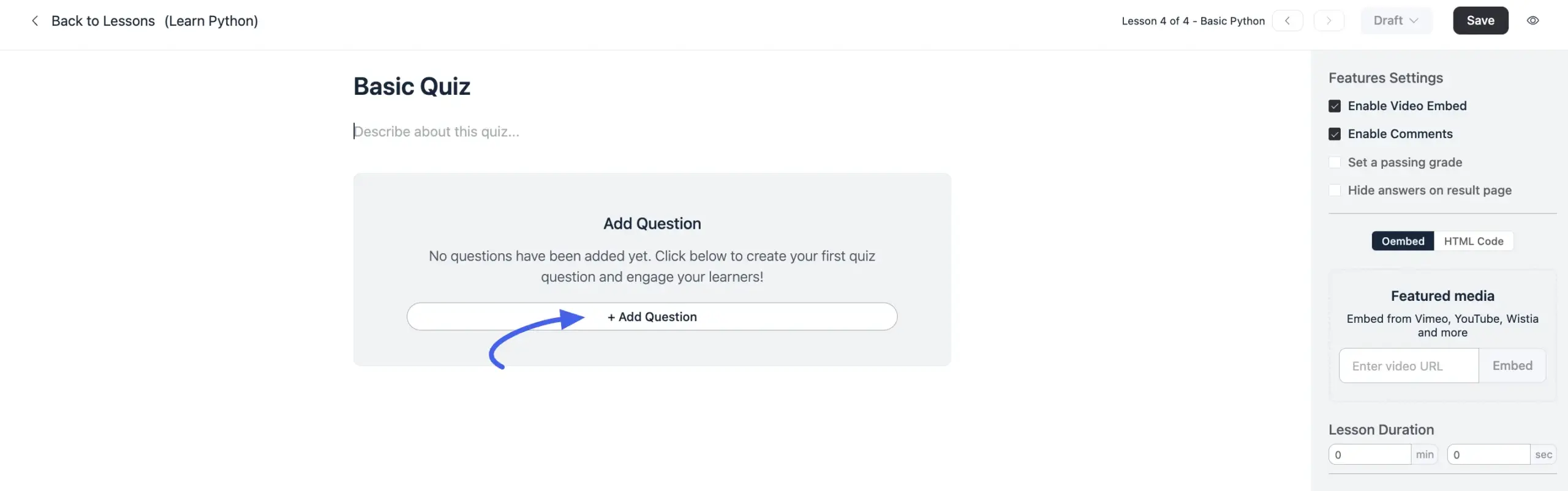 The Add Question button at the bottom of the quiz editor