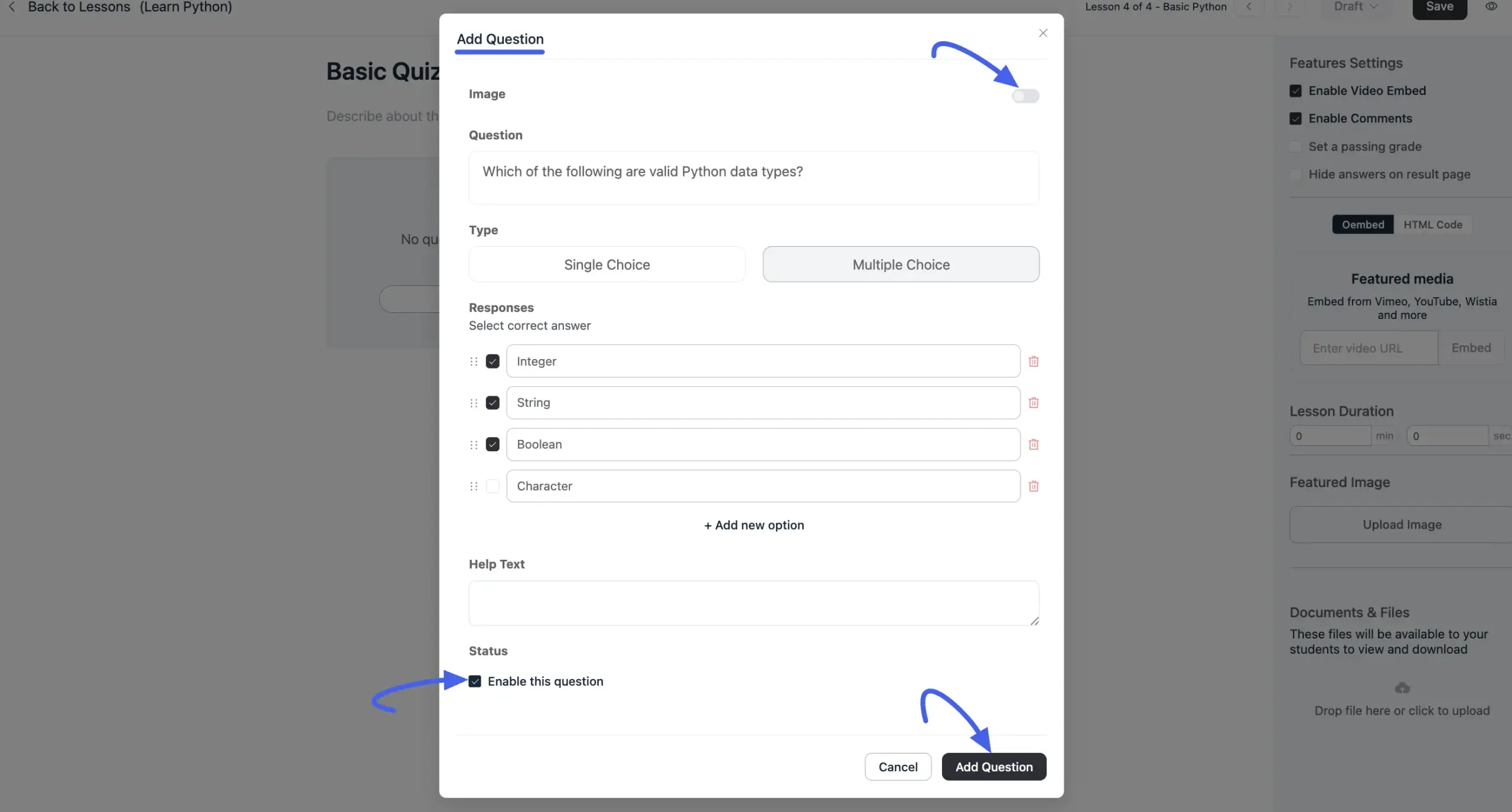 Building a multiple-choice question with responses and help text