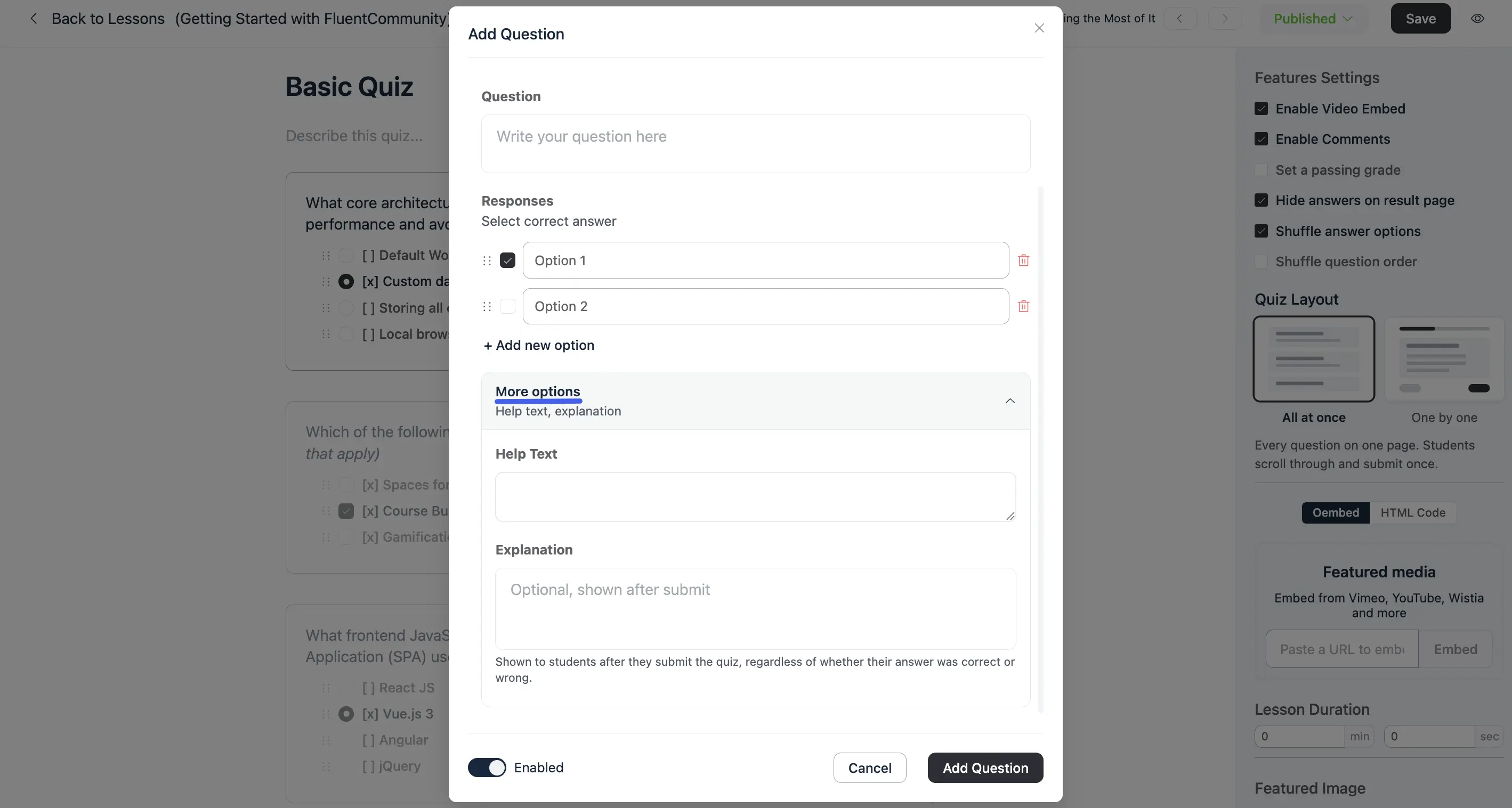 The expanded More options panel showing the Help Text and Explanation fields