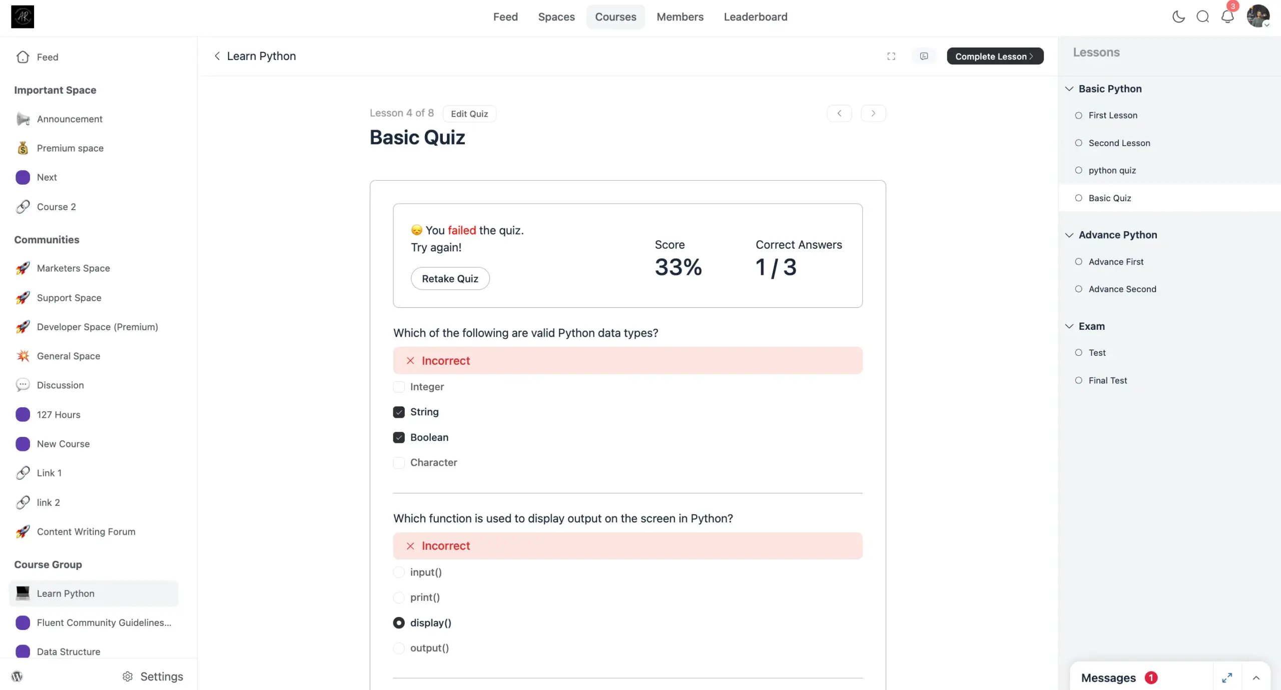 The student-facing quiz view showing results after submission