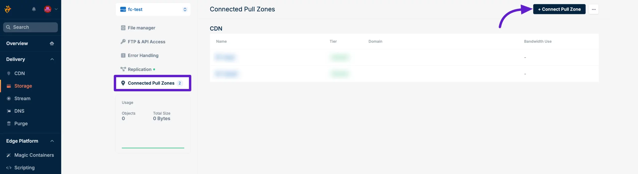 The Connected Pull Zones tab with the add button