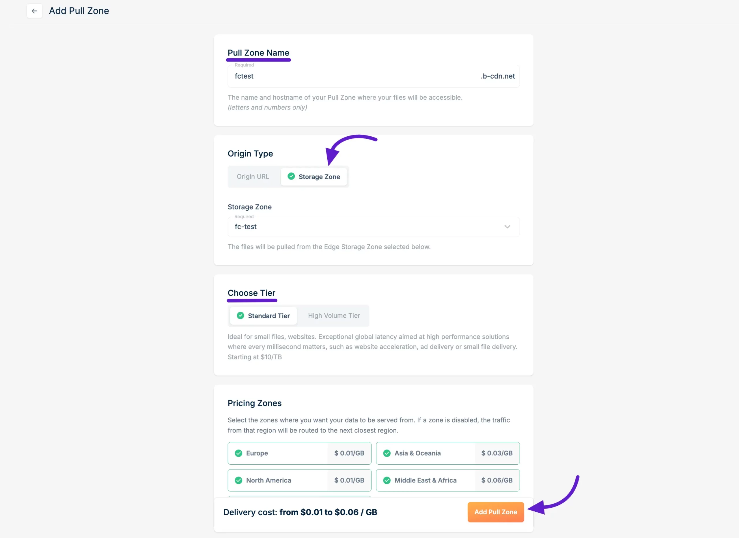 The Pull Zone setup pop-up with origin type and tier