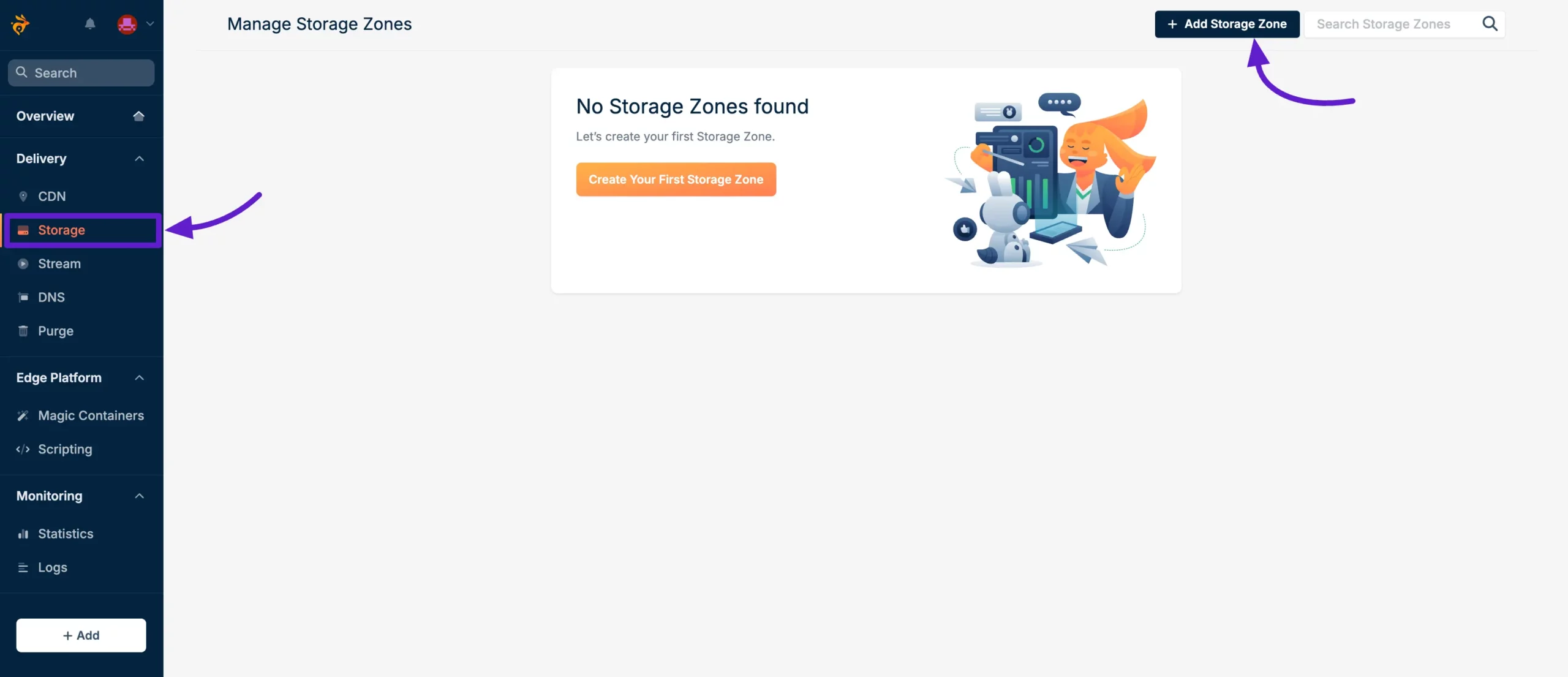 The Add Storage Zone button in the Bunny dashboard