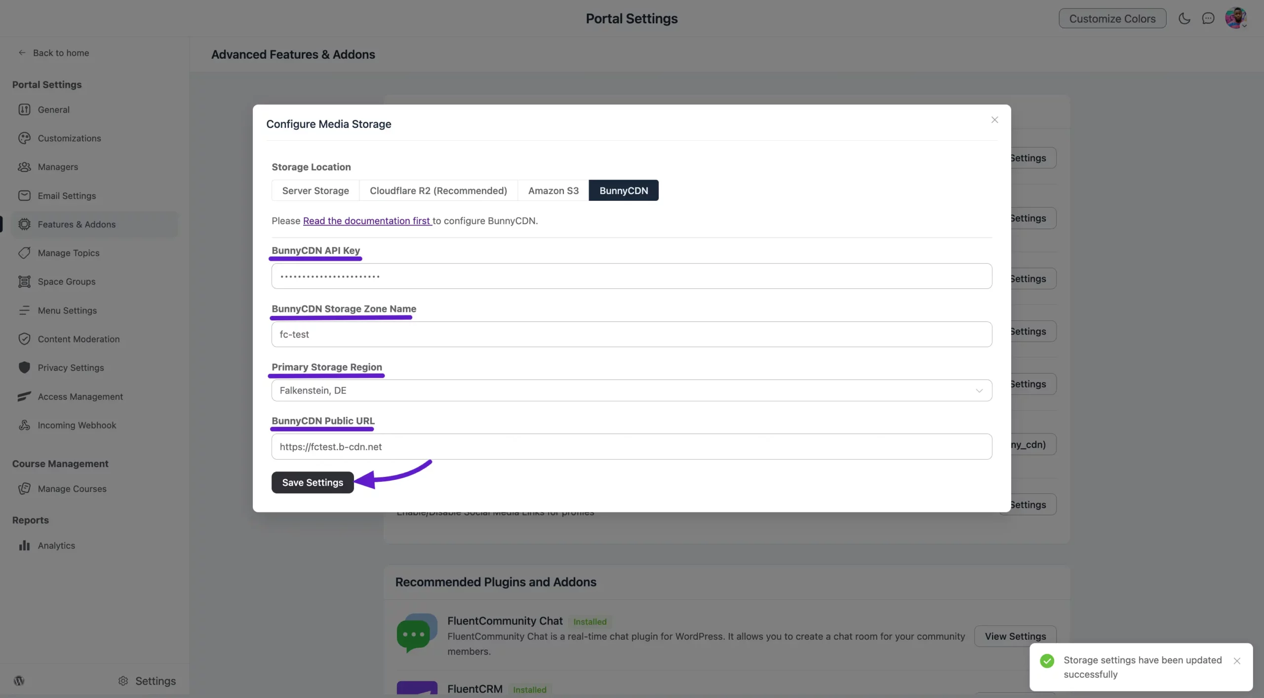 The completed BunnyCDN configuration in FluentCommunity