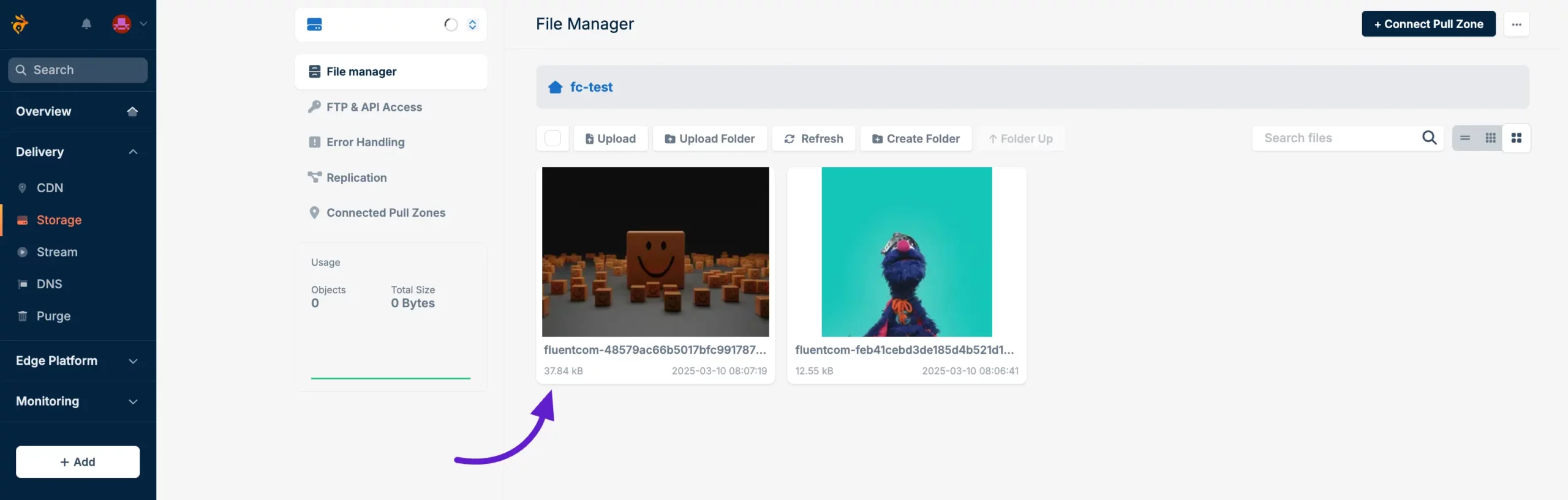 The uploaded file stored on BunnyCDN storage