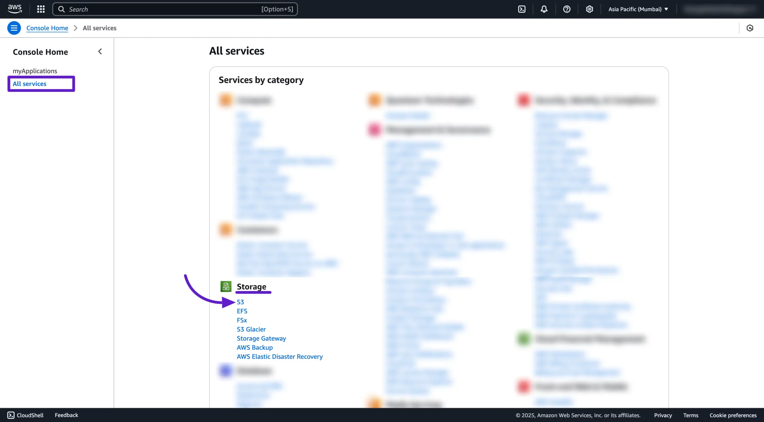 Selecting S3 from the AWS All Services list