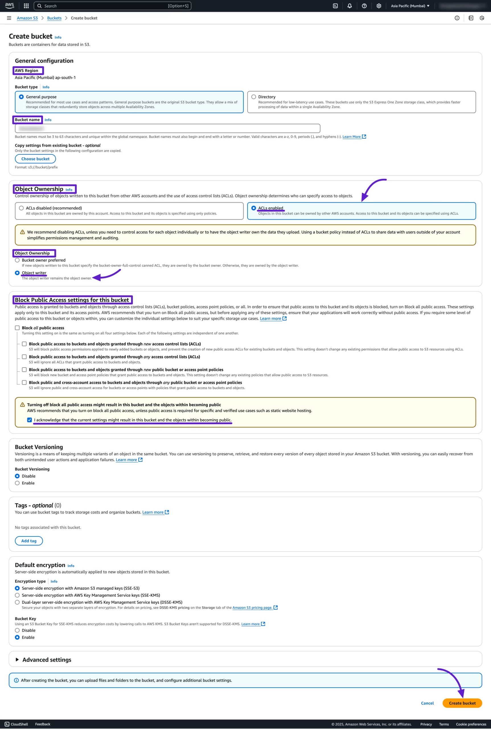 The bucket creation form with ownership and public access settings