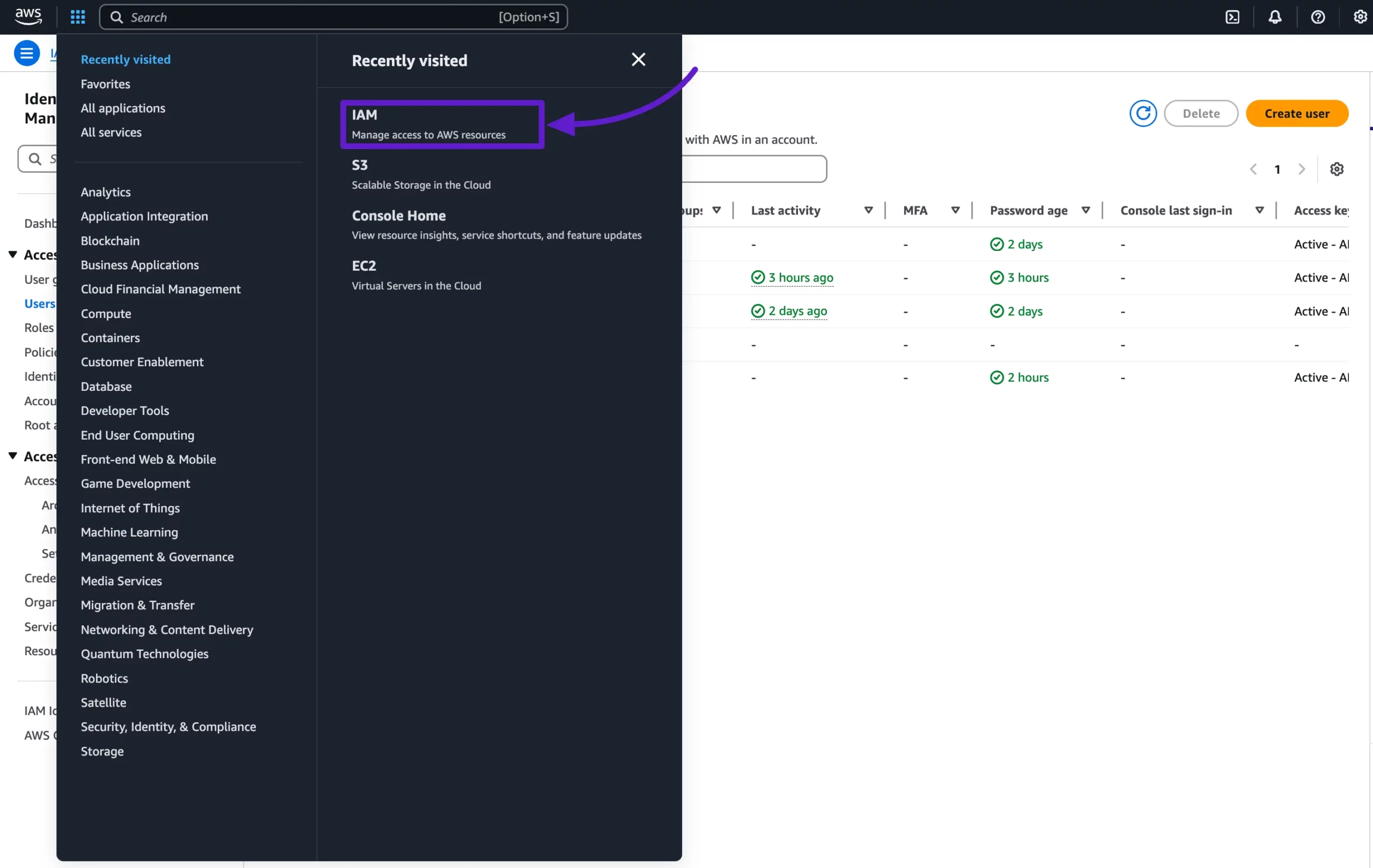 Selecting IAM from the AWS services menu