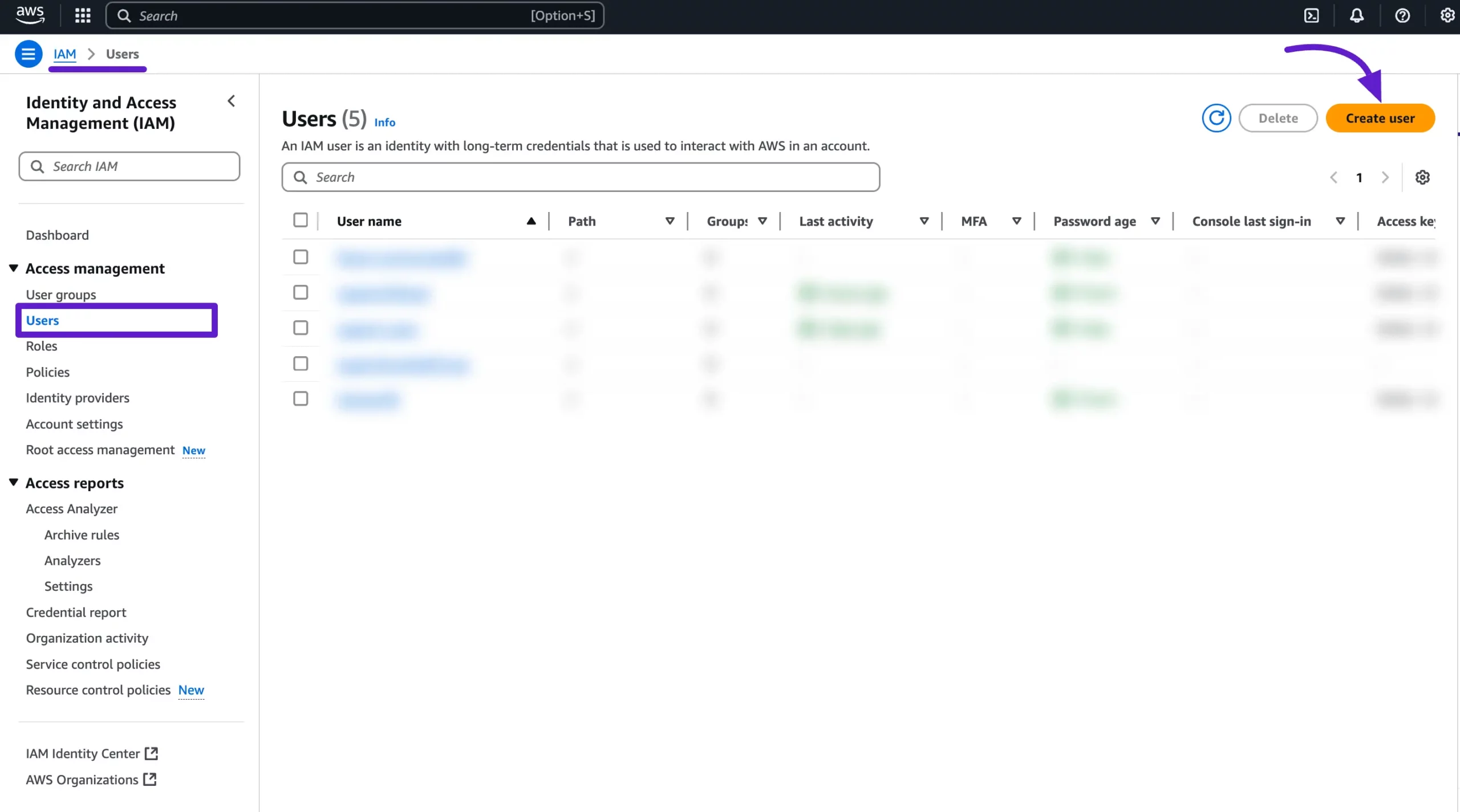 The Create User button on the IAM Users page