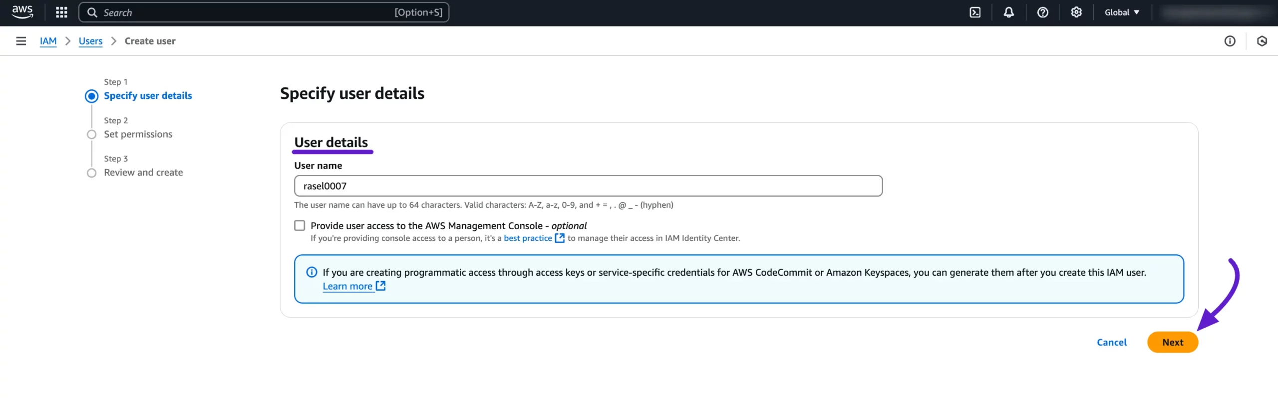 Entering a user name on the Create User page