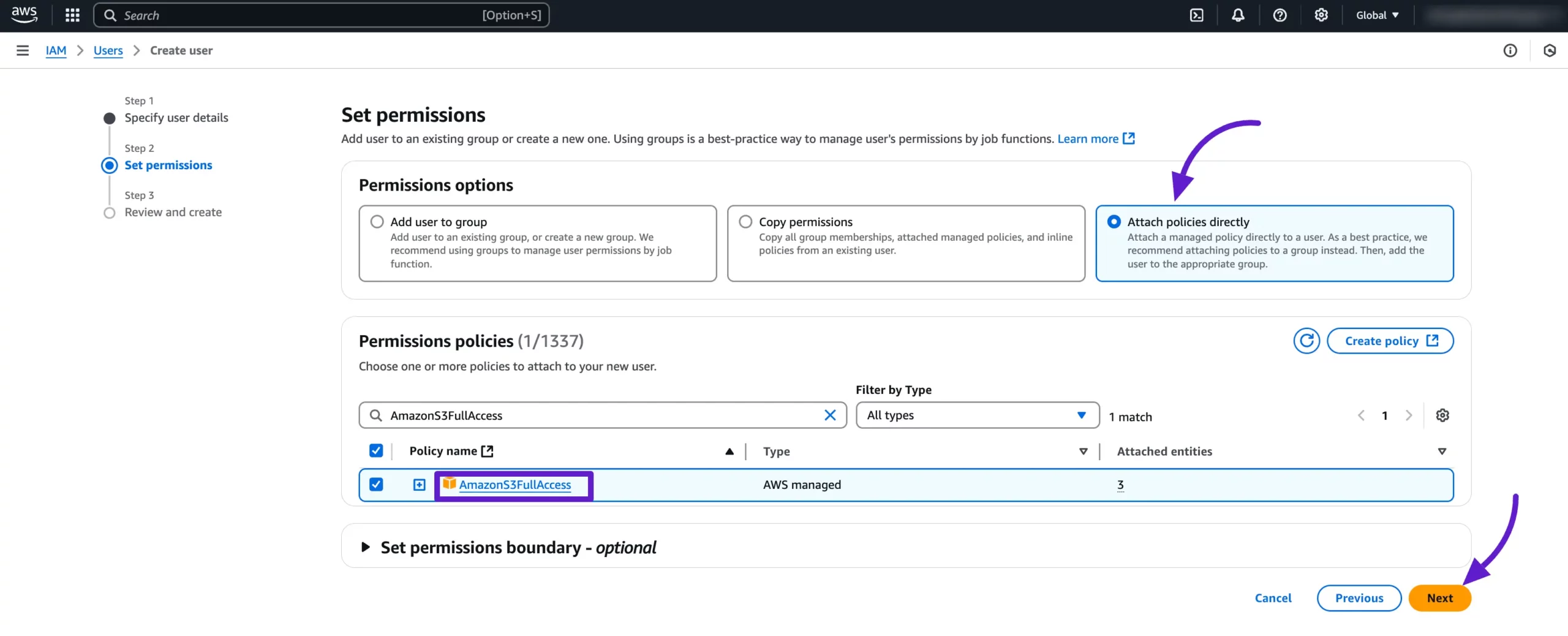 Attaching the AmazonS3FullAccess policy to the IAM user