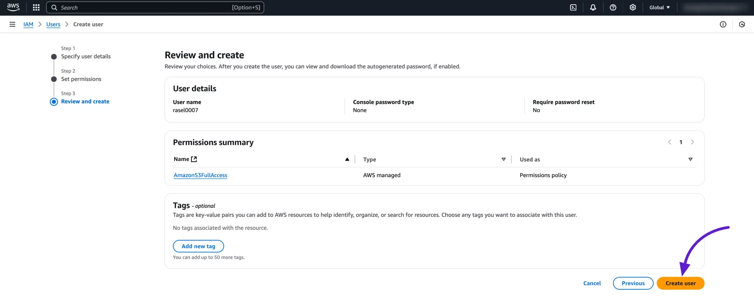 The Review and Create step with the Create User button