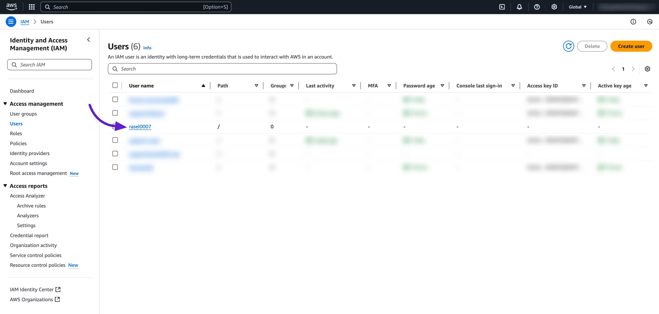 The newly created IAM user in the Users list