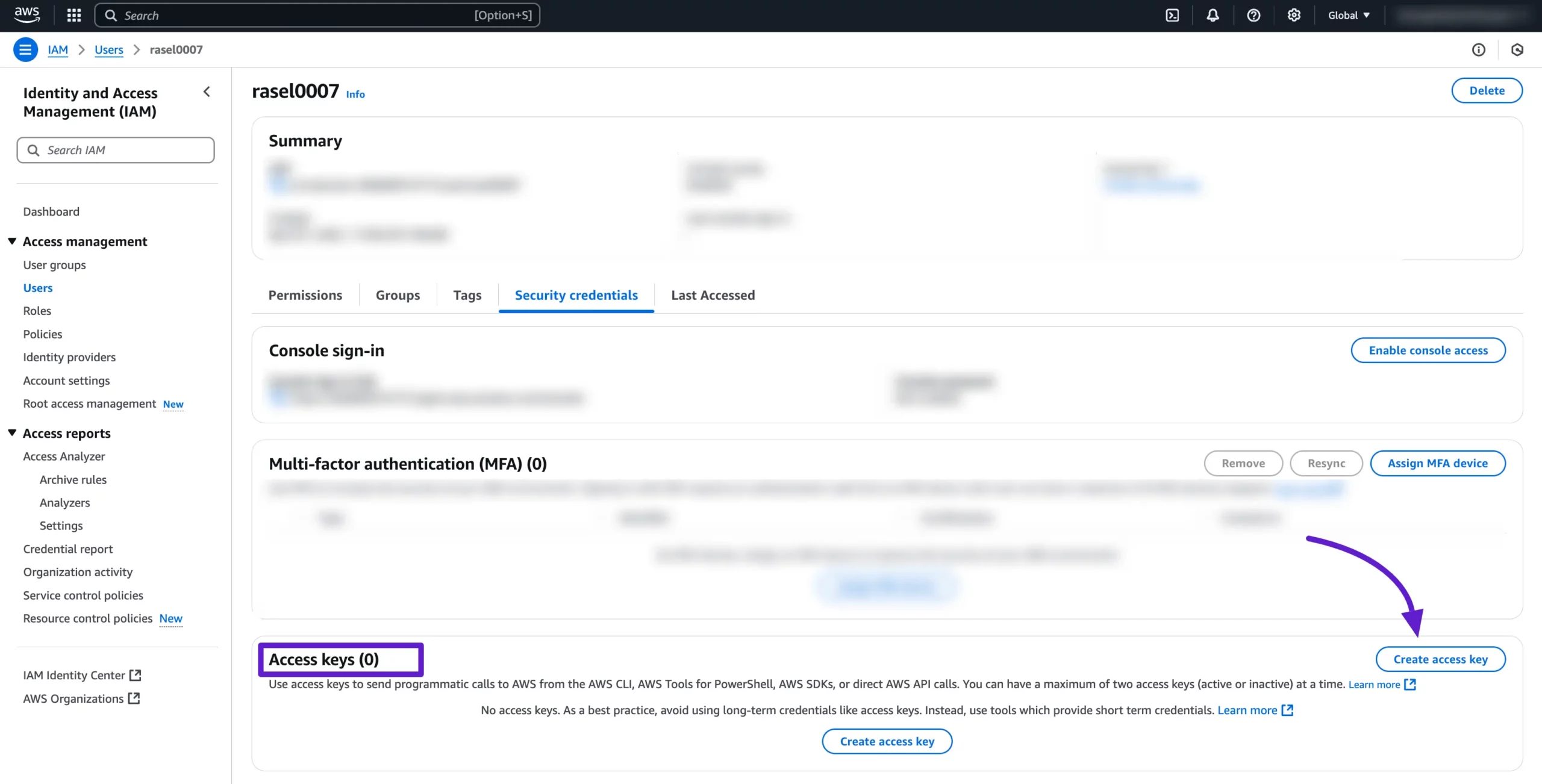 The Create Access Key button under Security Credentials