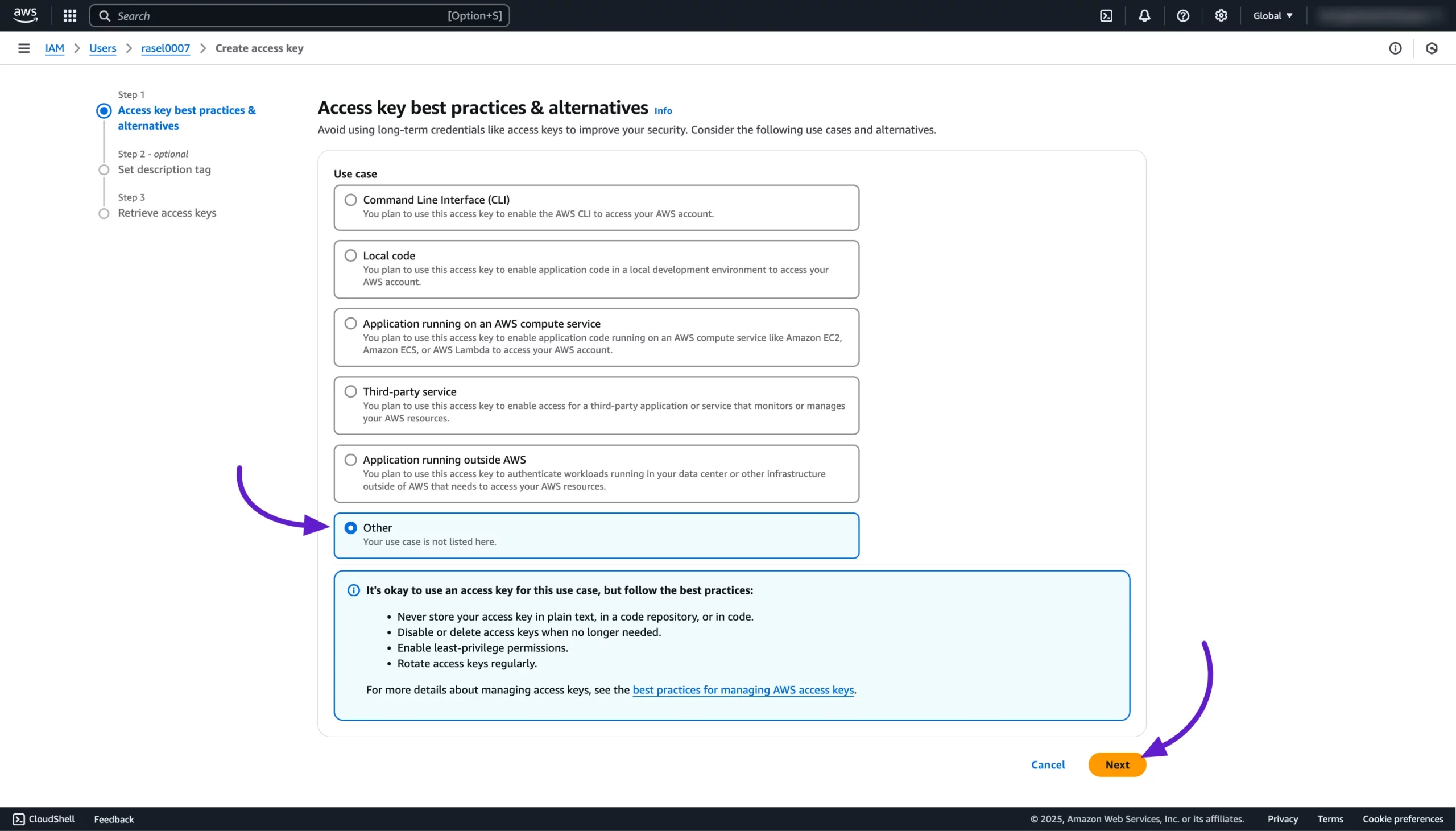 Selecting Other in the Access Key Best Practices step