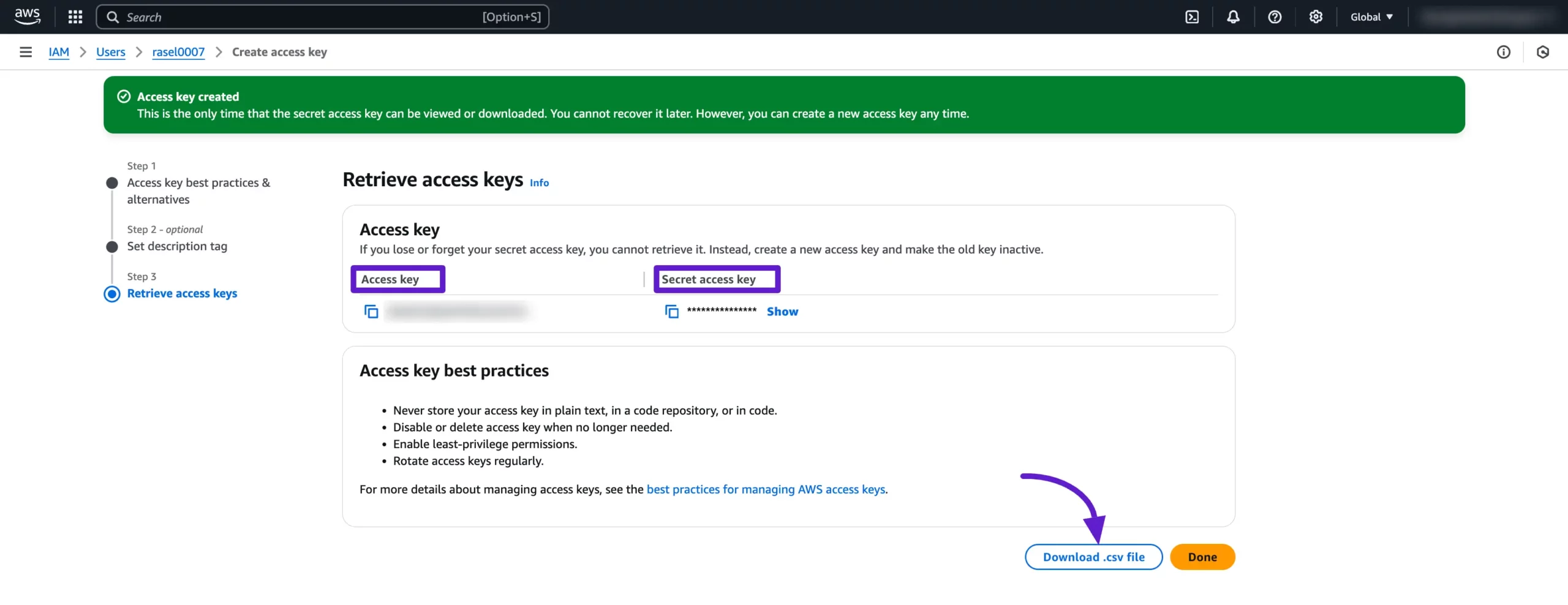 The generated Access Key and Secret Key