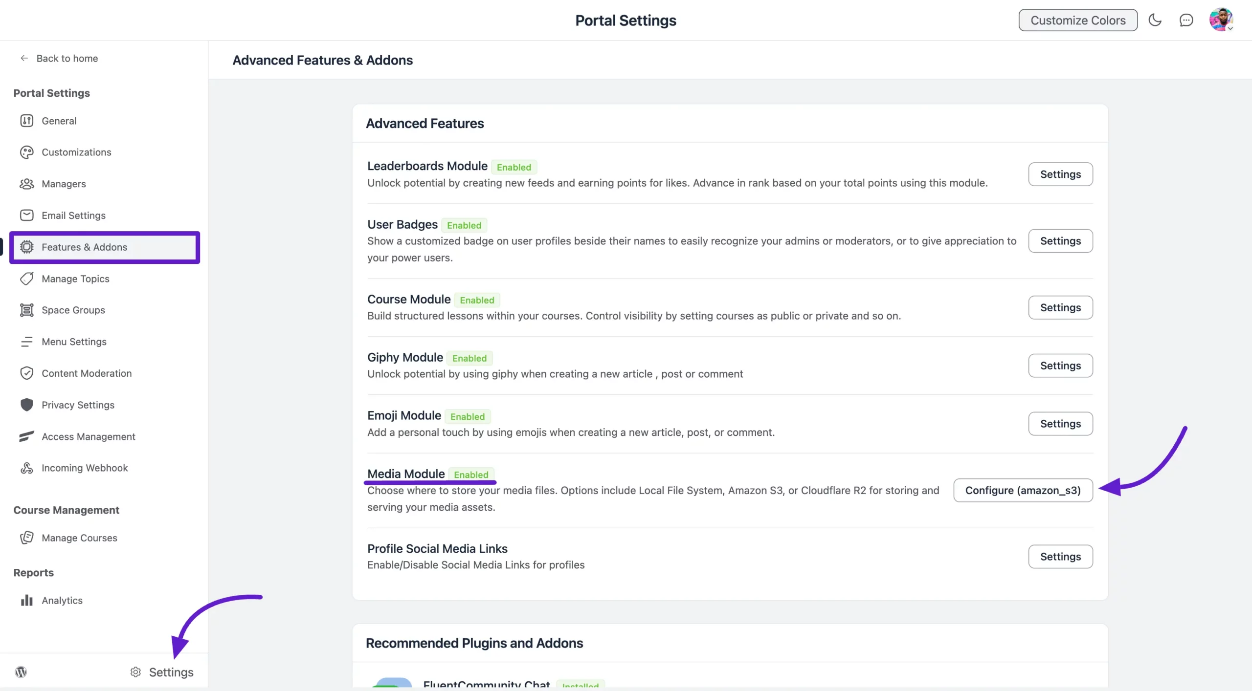 The Features & Addons section with the Media Module settings