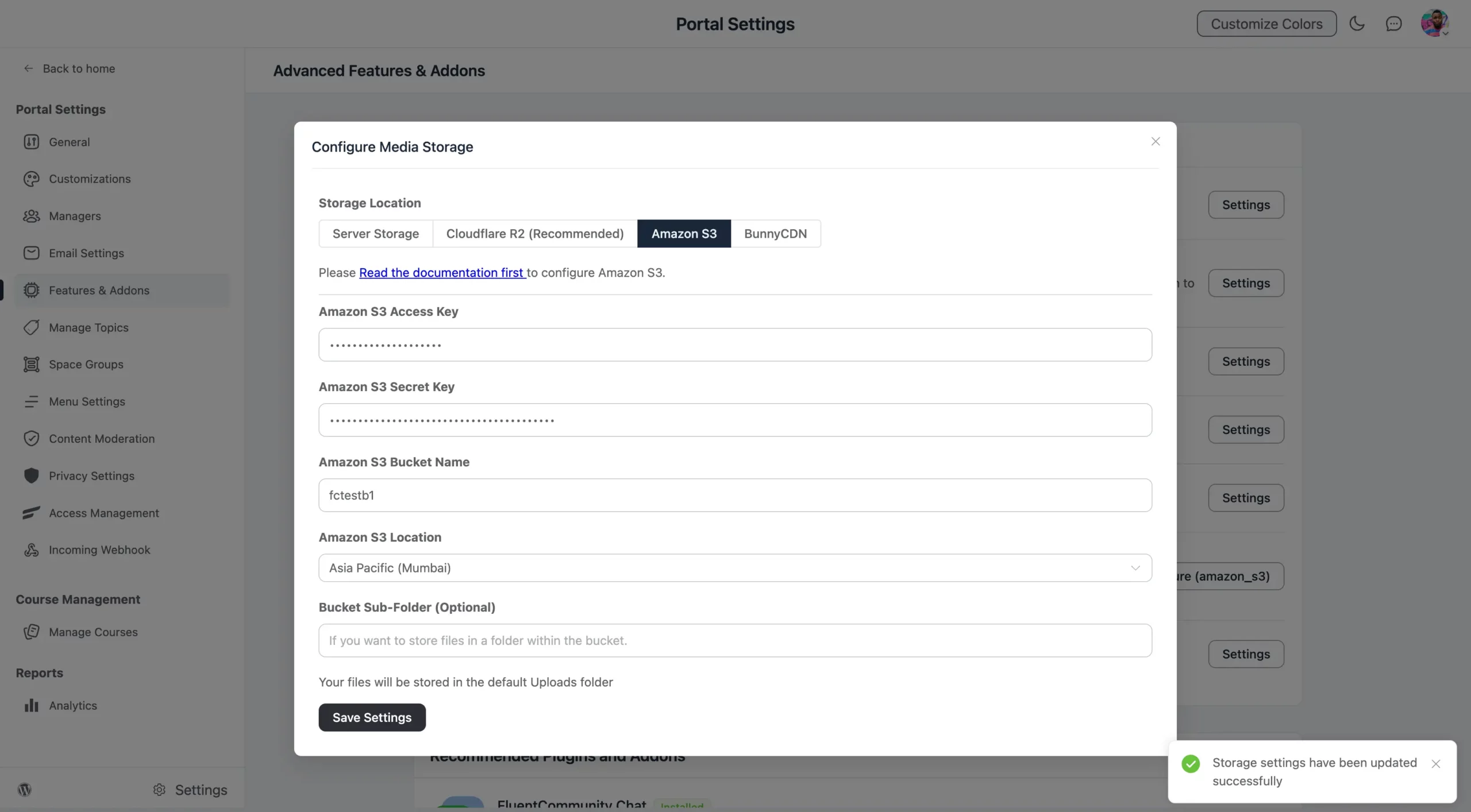 The completed Amazon S3 configuration in FluentCommunity