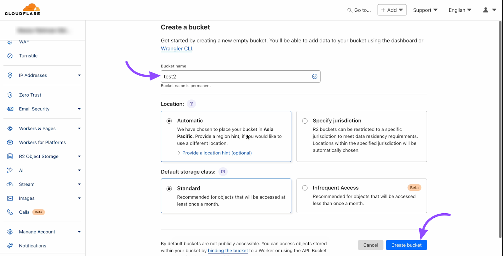 Entering a bucket name and location on the Create Bucket page