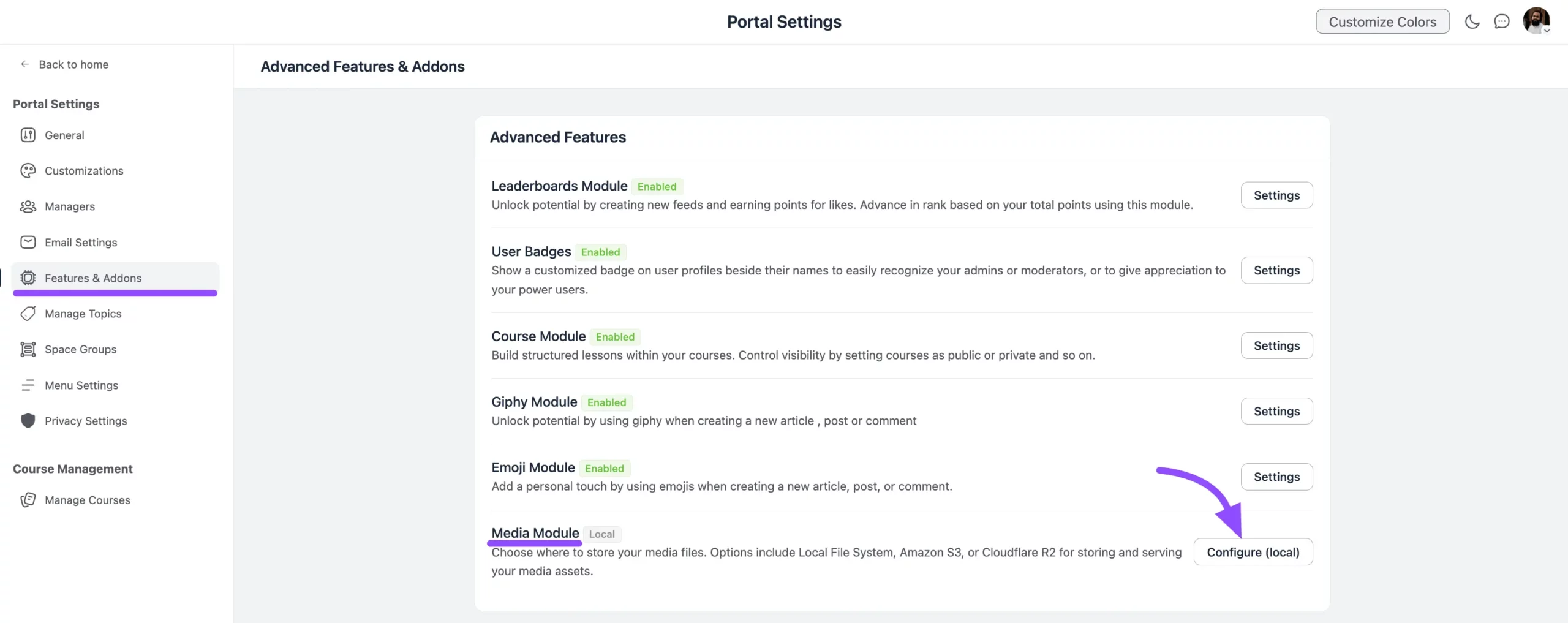 The Media Module section under Features & Addons