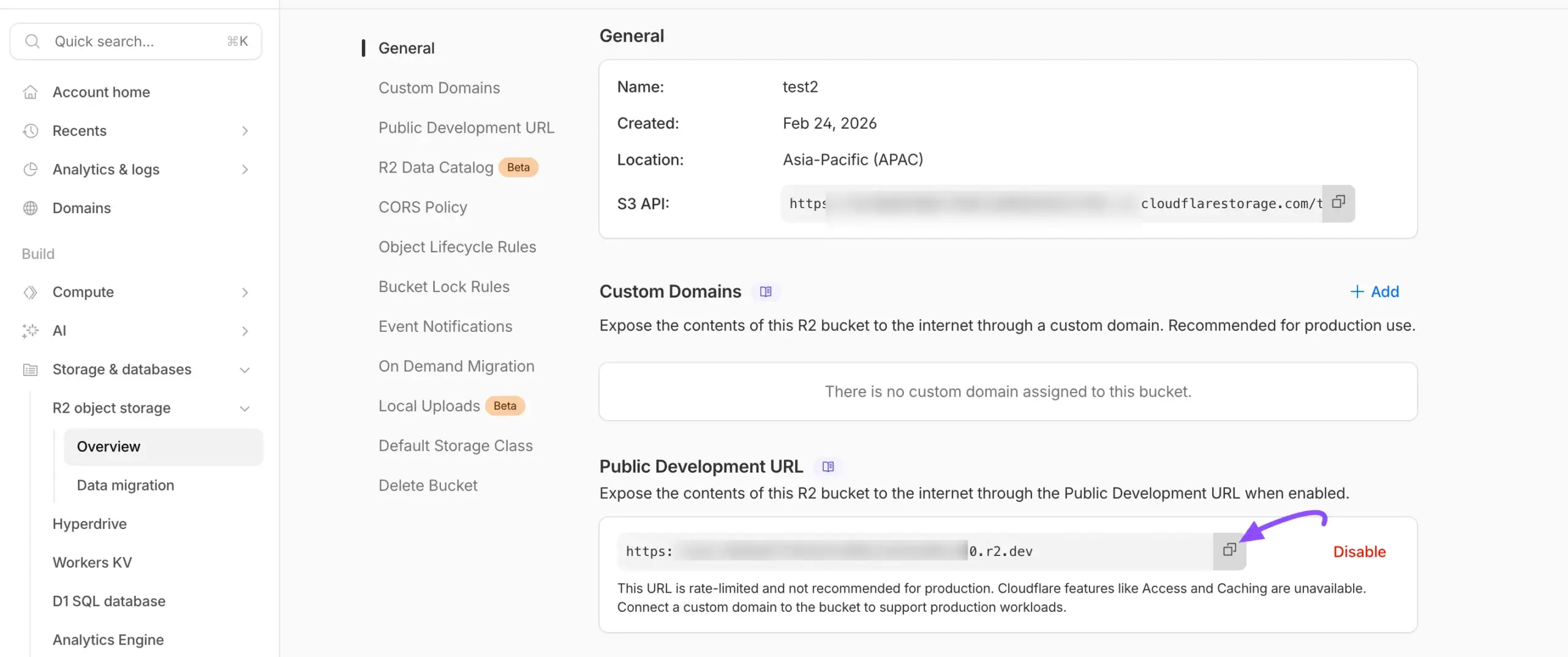 Copying the Cloudflare Bucket Public URL
