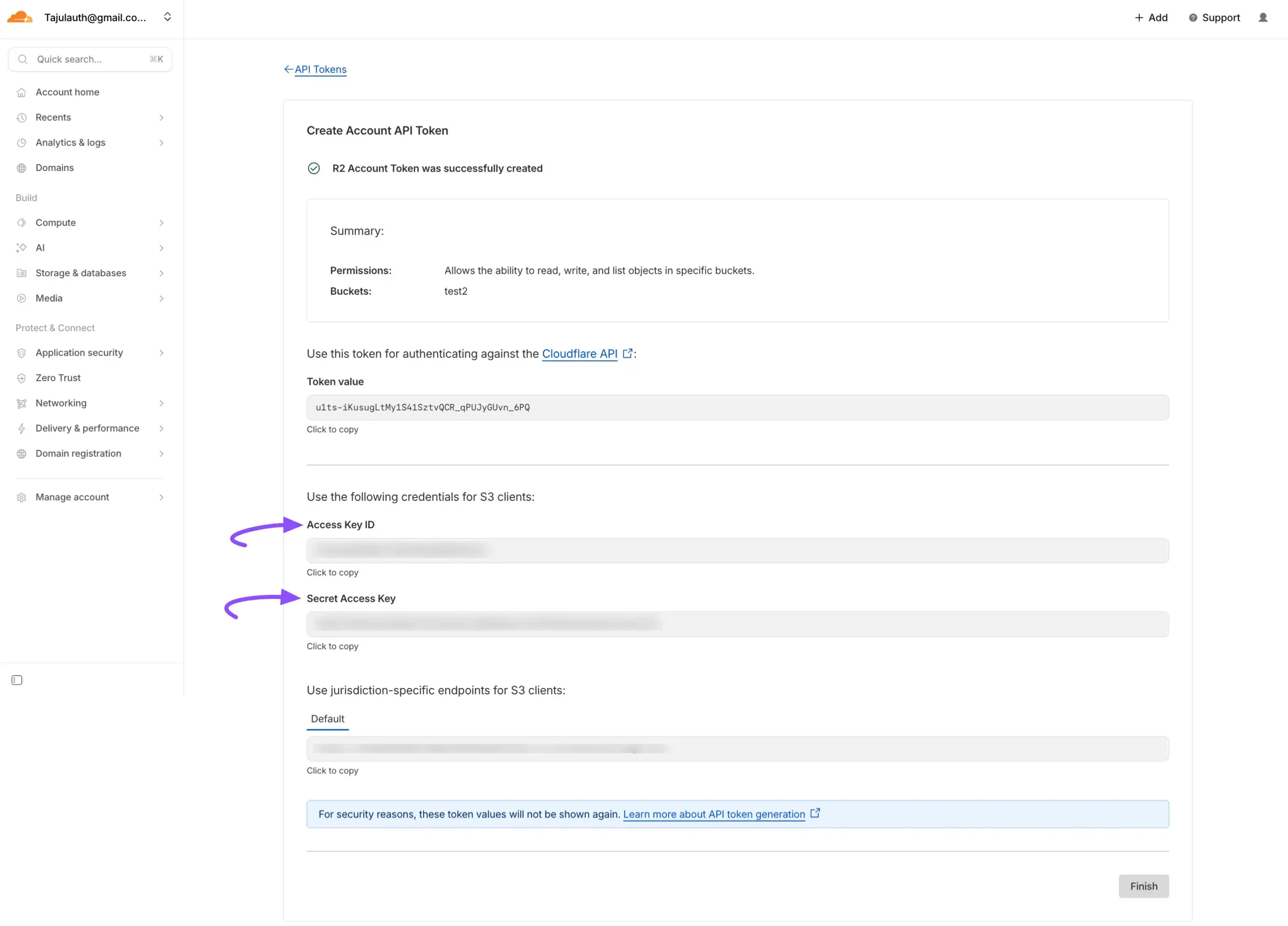 The generated Access Key ID and Secret Access Key