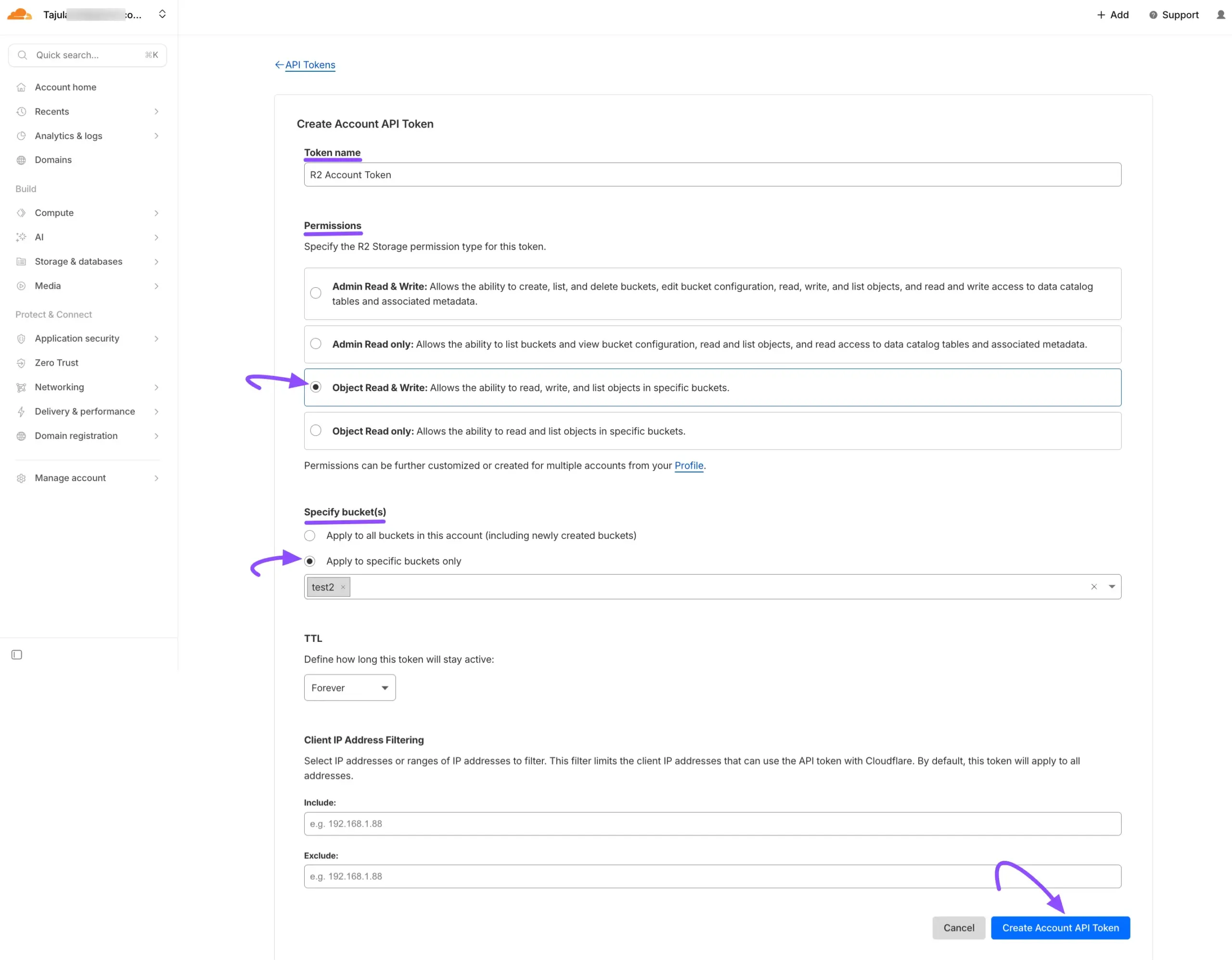 Configuring the API token name, permissions, and bucket