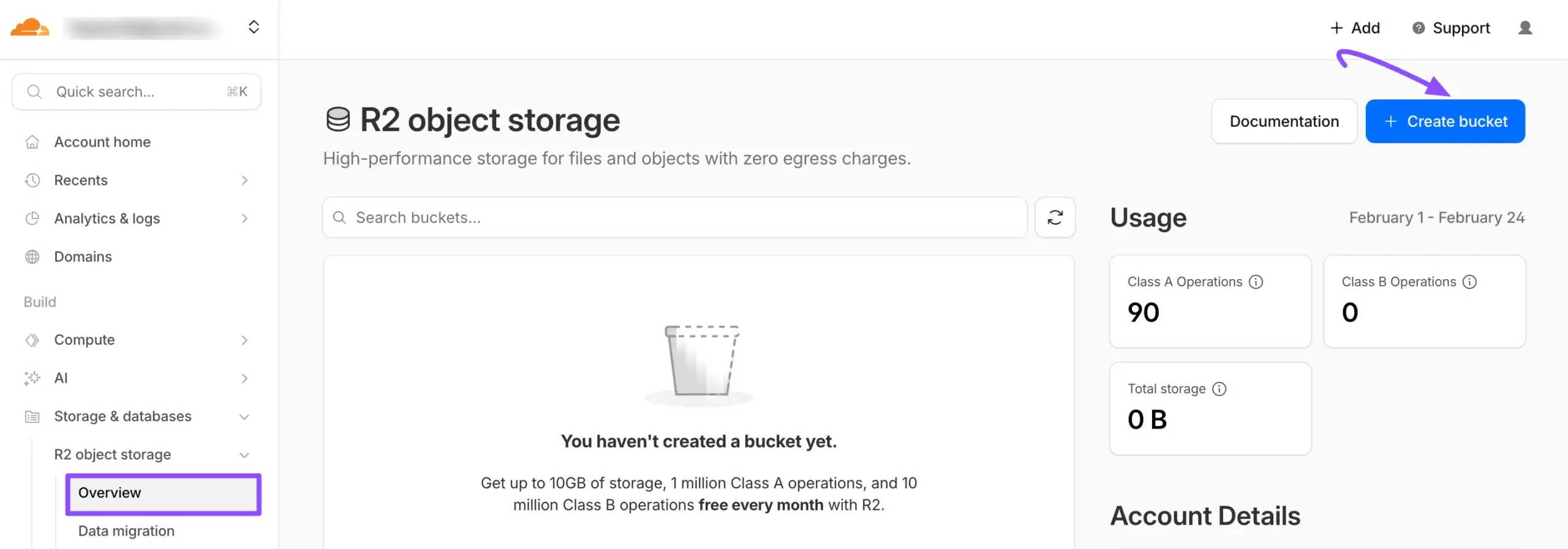 The Create Bucket button in R2 Object Storage