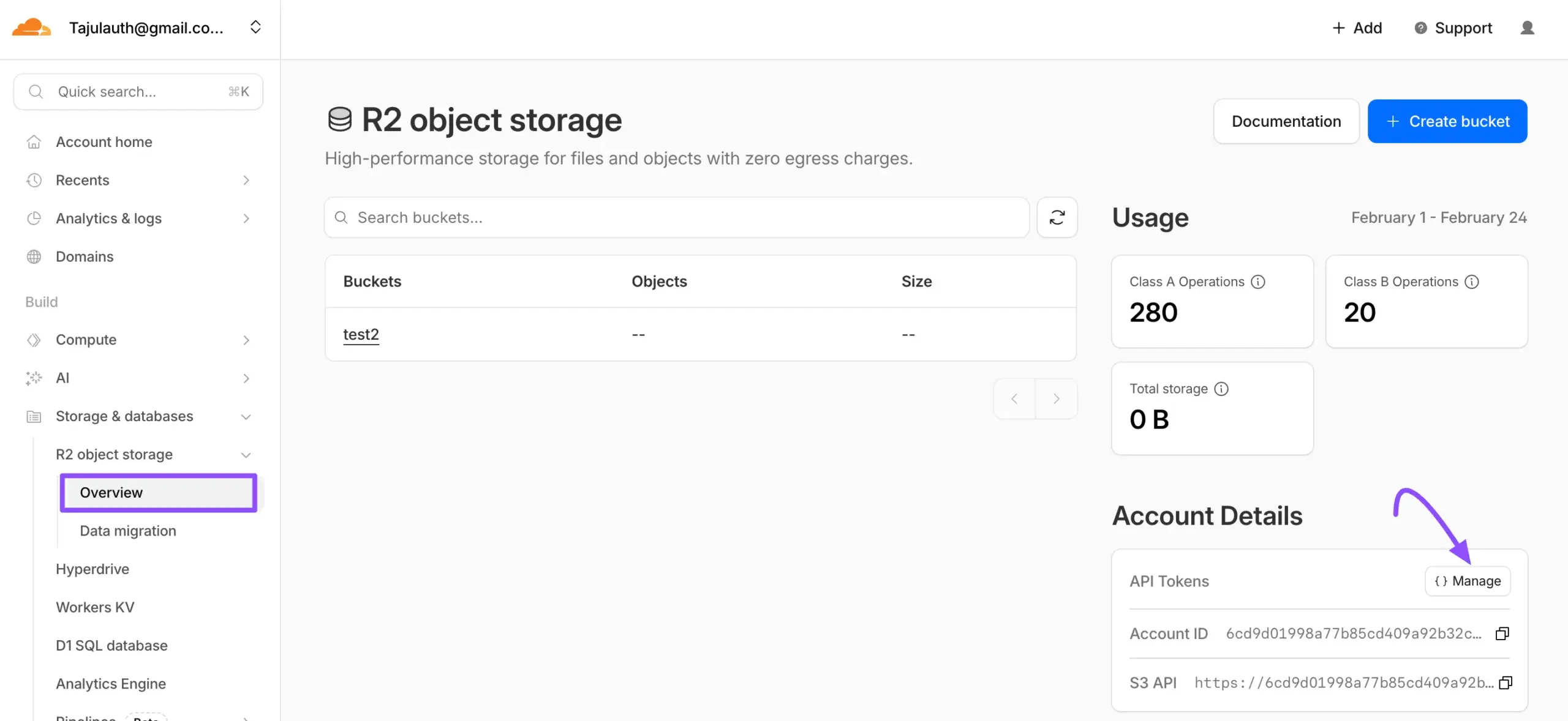 The Manage button next to API Tokens in Account Details