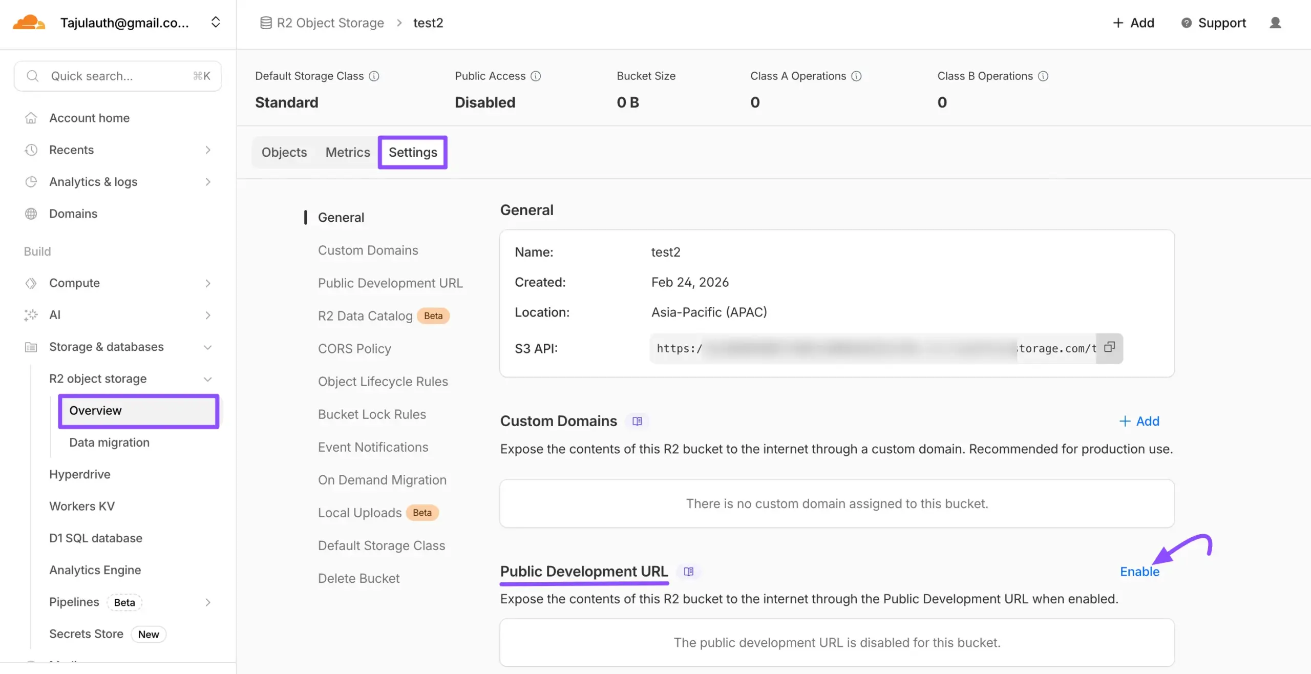 The Public Development URL section in the bucket details