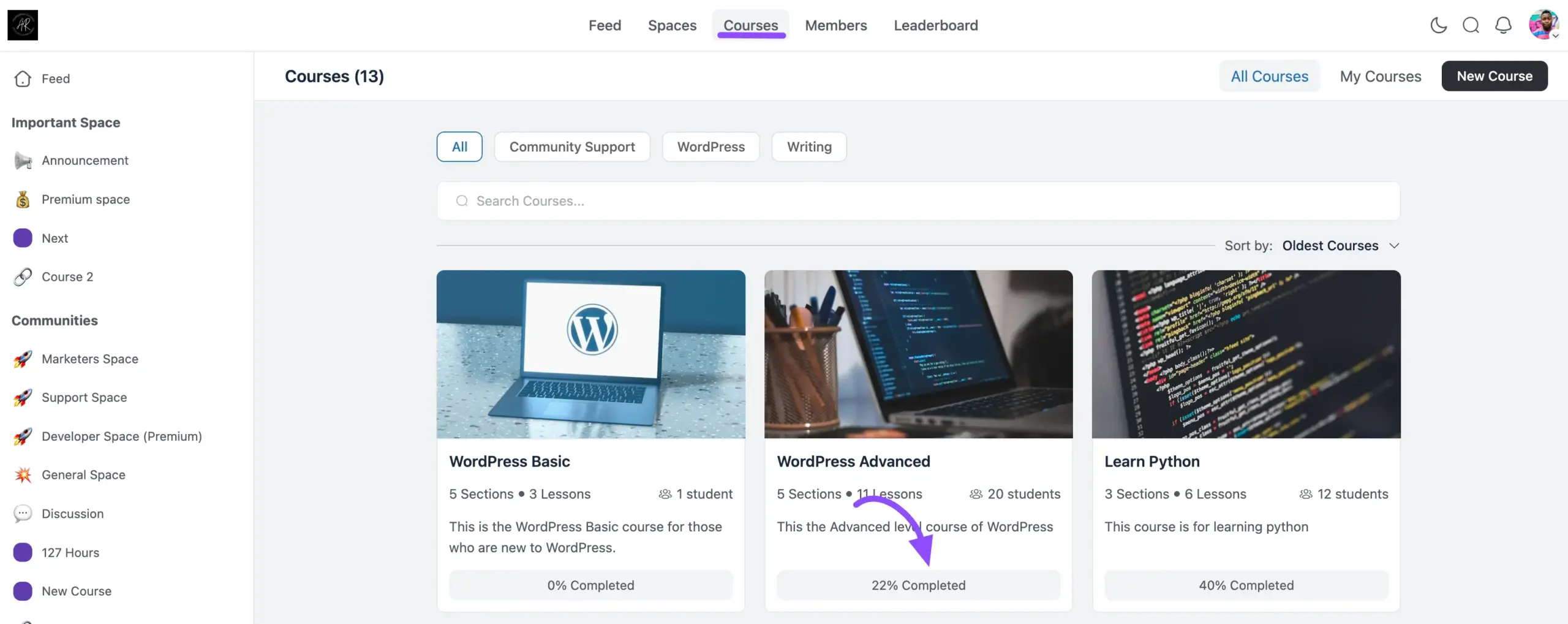 The Courses section listing all available courses