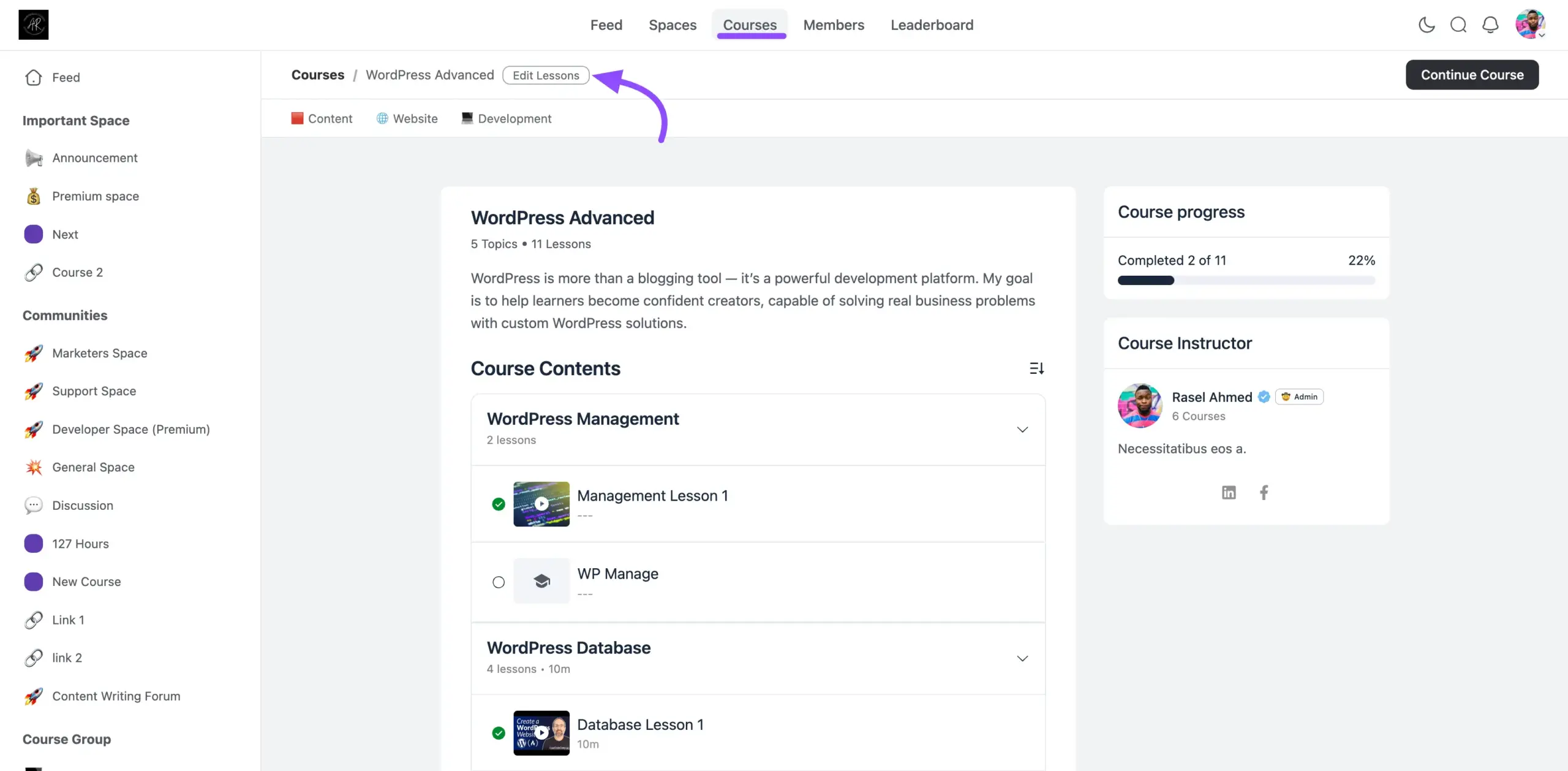 The Edit Lessons button on the course page