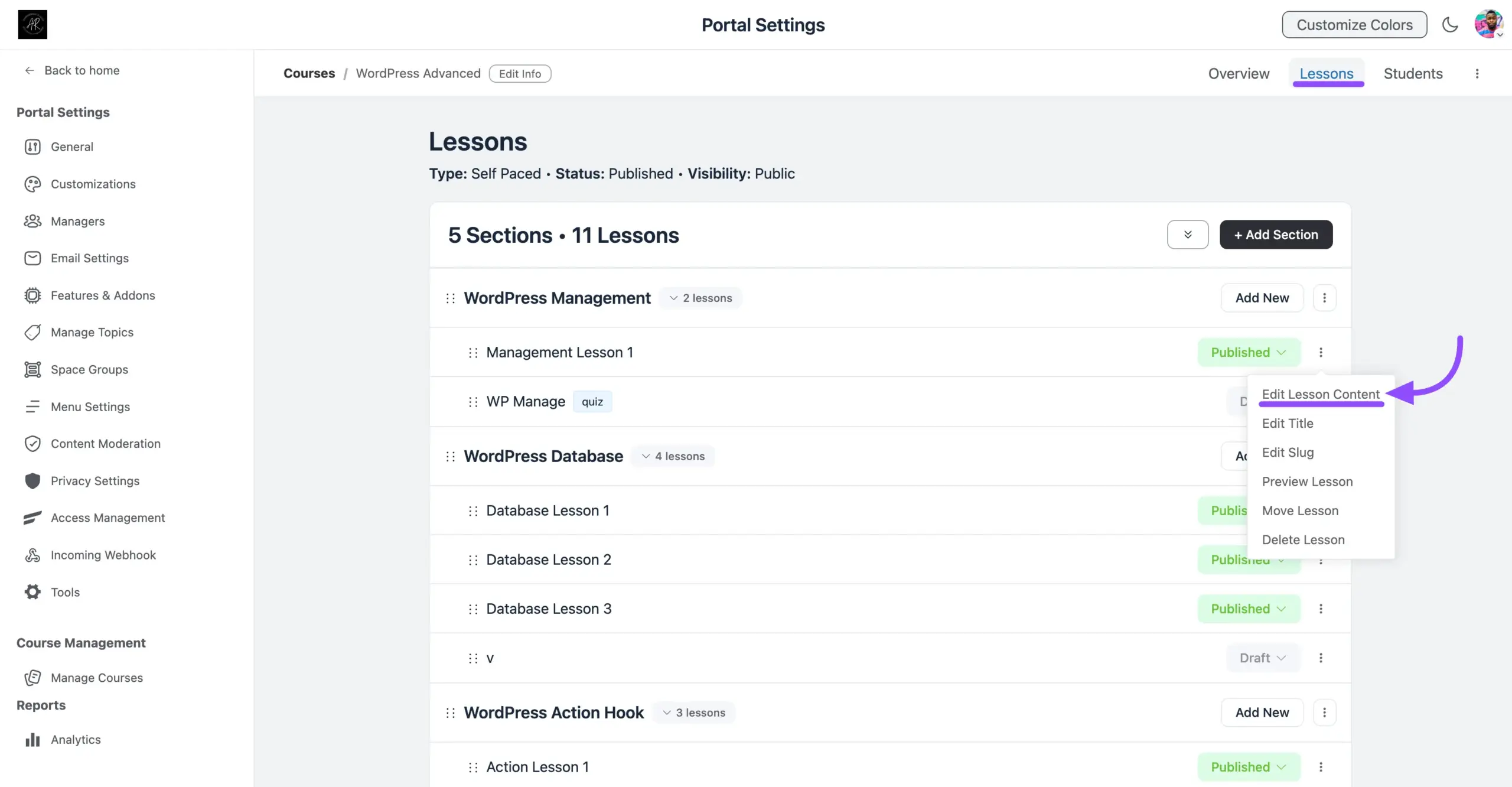 Selecting Edit Lesson Content from the lesson three-dot menu