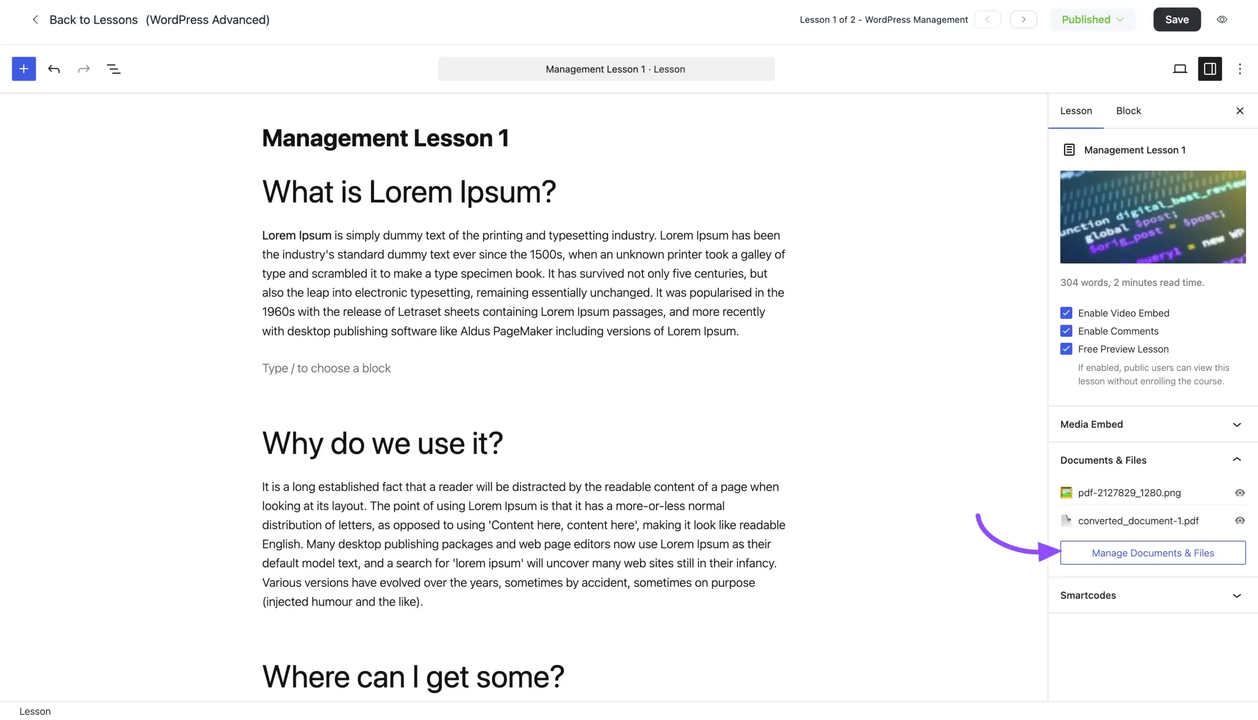 The Documents & Files section in the lesson editor sidebar