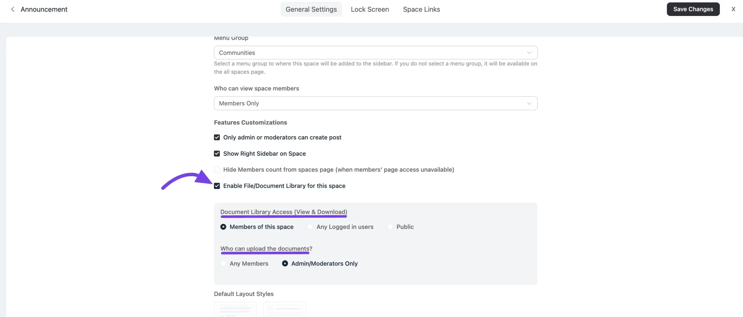 The Document Library settings with access and upload permissions