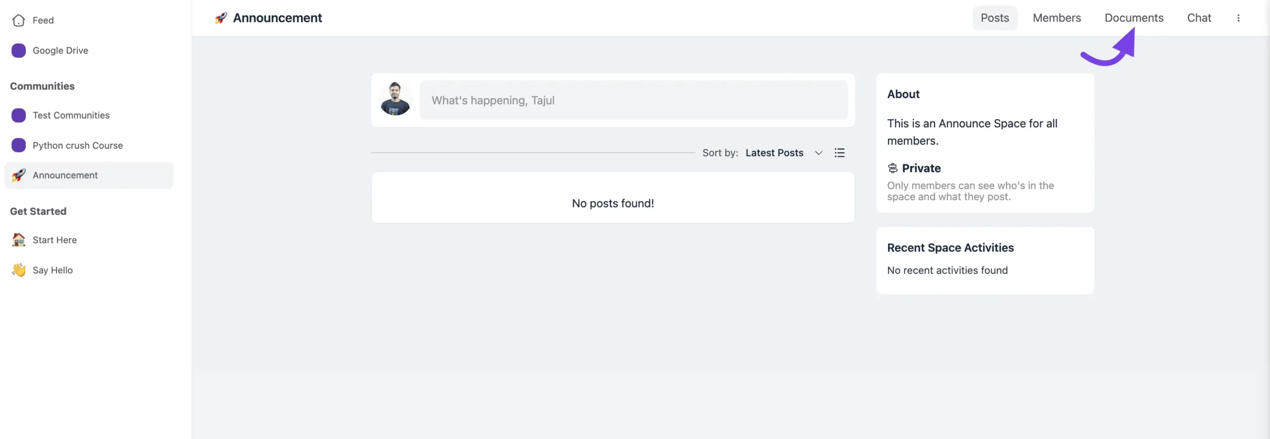 The Documents option in the Space navigation
