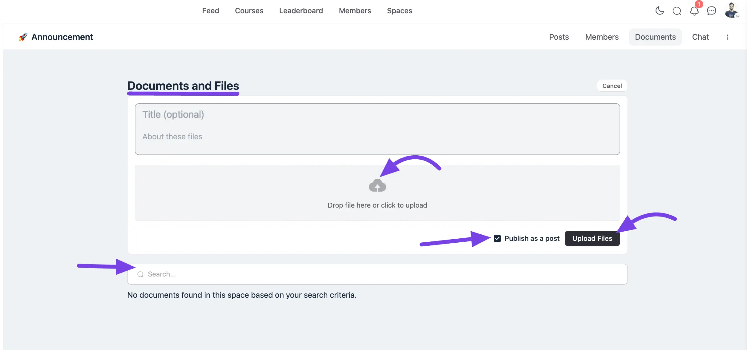 The document upload form with title, description, and publishing options