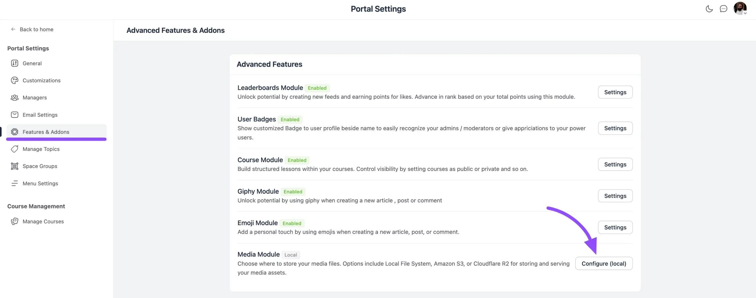 The Media Module option under Features & Addons