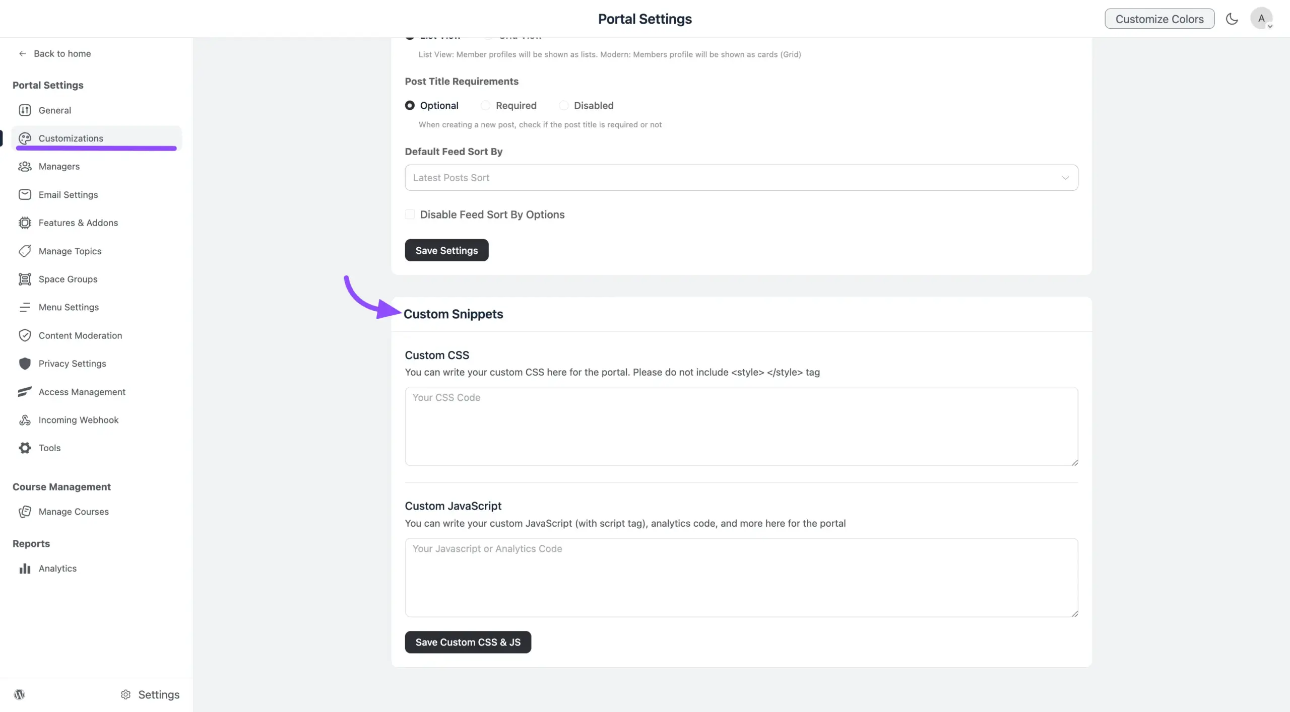 The Custom CSS and JavaScript boxes in FluentCommunity portal settings