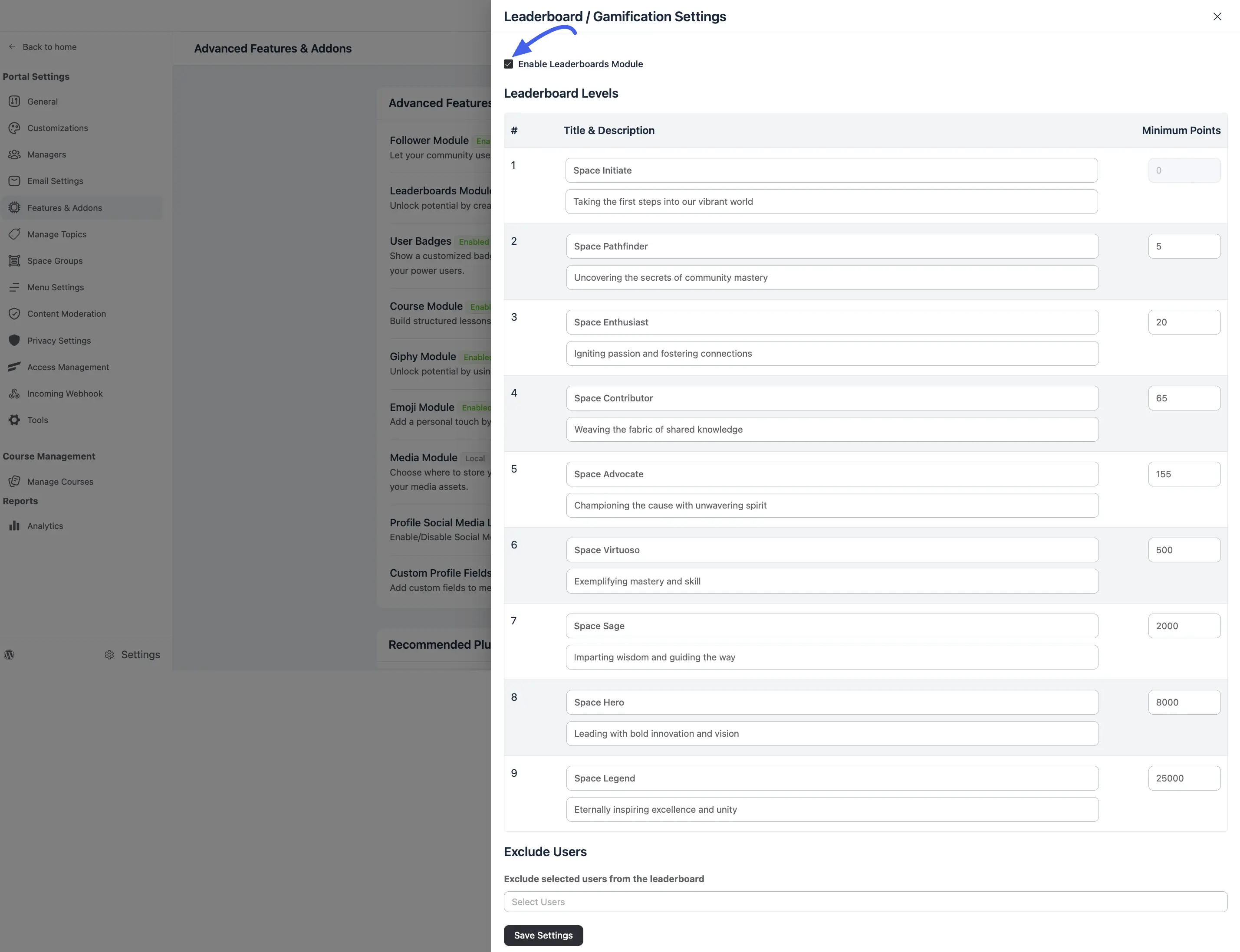 Leaderboard settings drawer showing the nine Leaderboard Levels with their titles, descriptions, and minimum points