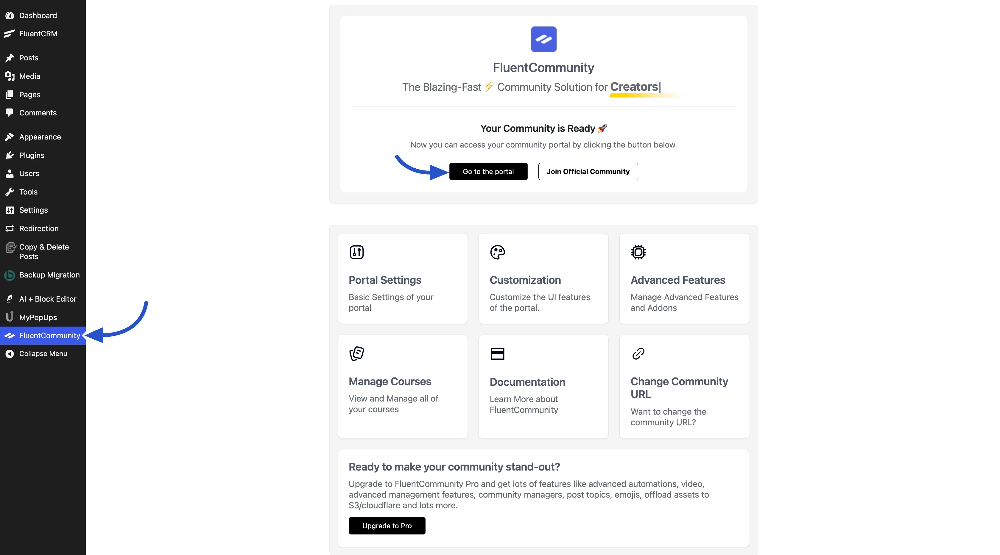 FluentCommunity admin dashboard