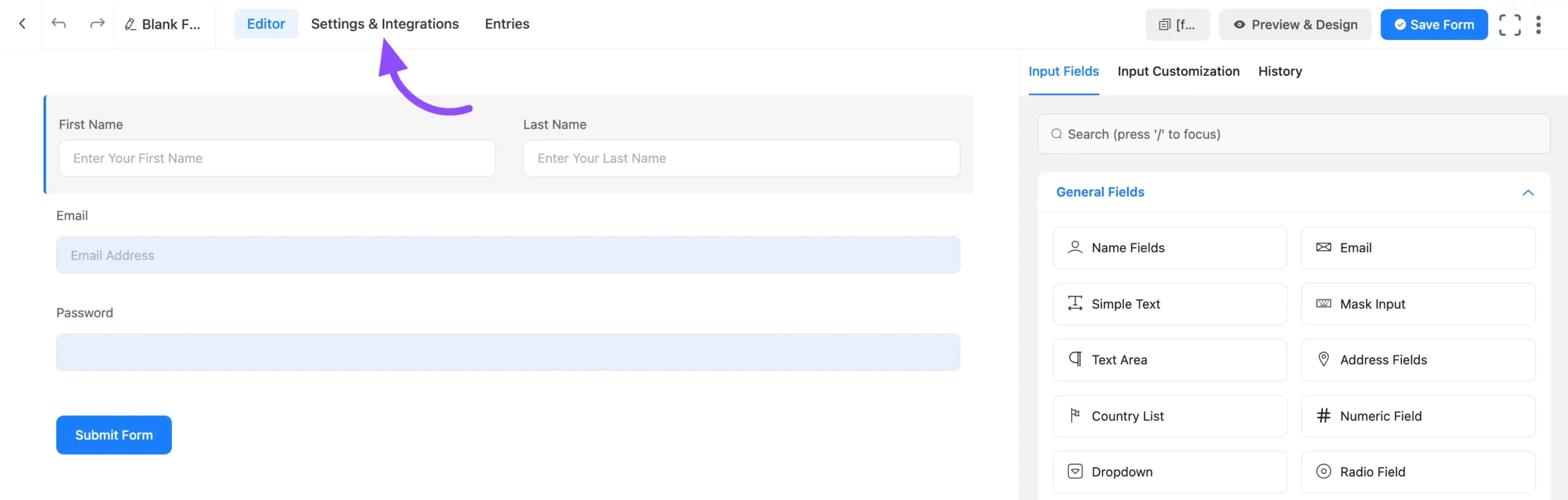 Opening Settings & Integrations for the form