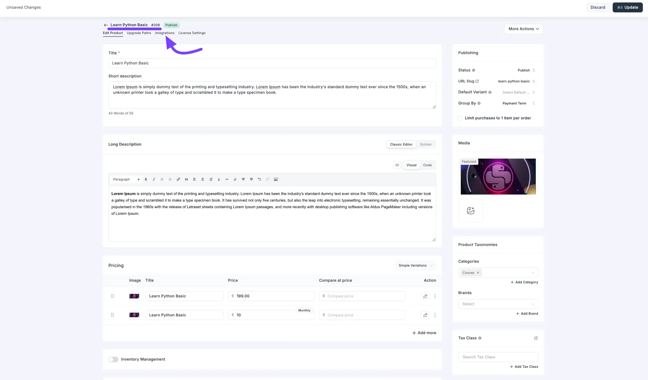 The Integrations tab on the FluentCart product